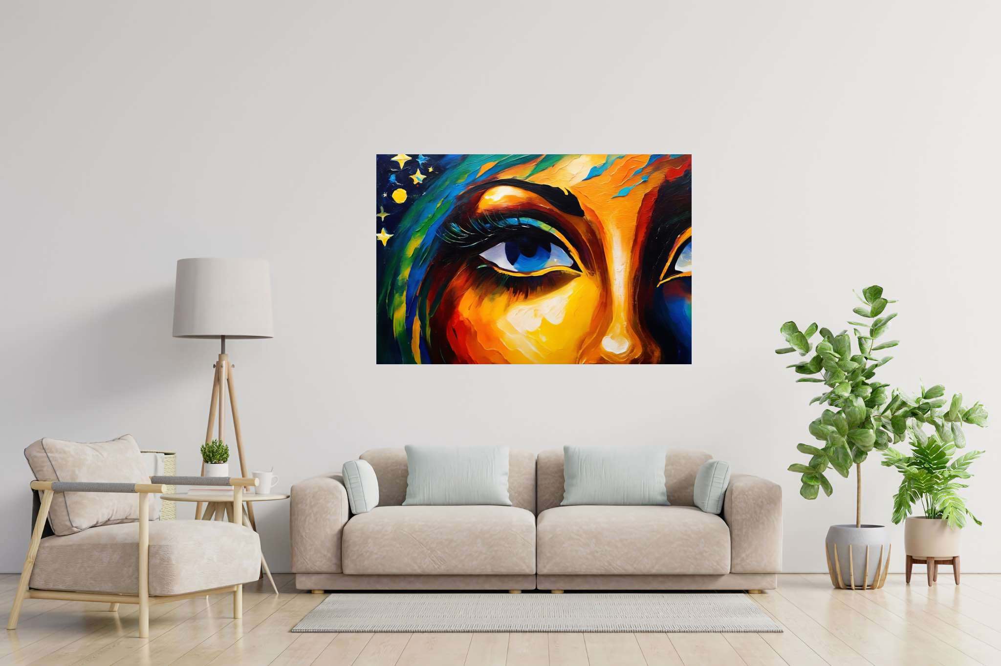 Gaze of the starlit muse: Vibrant art with vivid illustrations, in a room with great design, mural artworks, and home styling items. The art can be printed on poster, framed poster, canvas, metal, acrylic or wood, exclusively at WallArtZen. Find this exact print at https://wallartzen.com/waz319