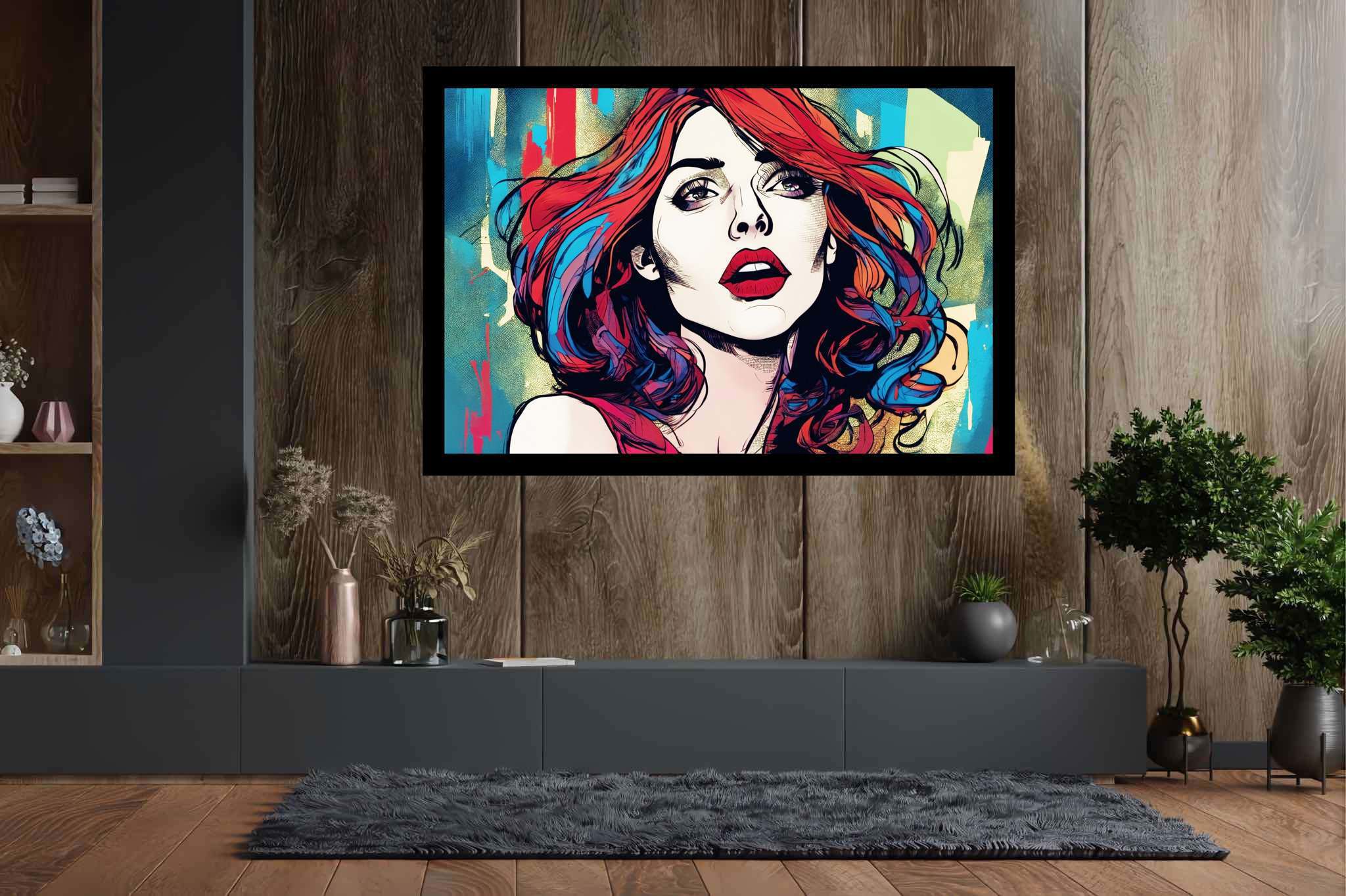 Crimson cascade enigma: Vibrant art with vibrant colors, in a room with artistic style, bespoke art designs, and trendy home accents. The art can be printed on poster, framed poster, canvas, metal, acrylic or wood, exclusively at WallArtZen. Find this exact print at https://wallartzen.com/waz31