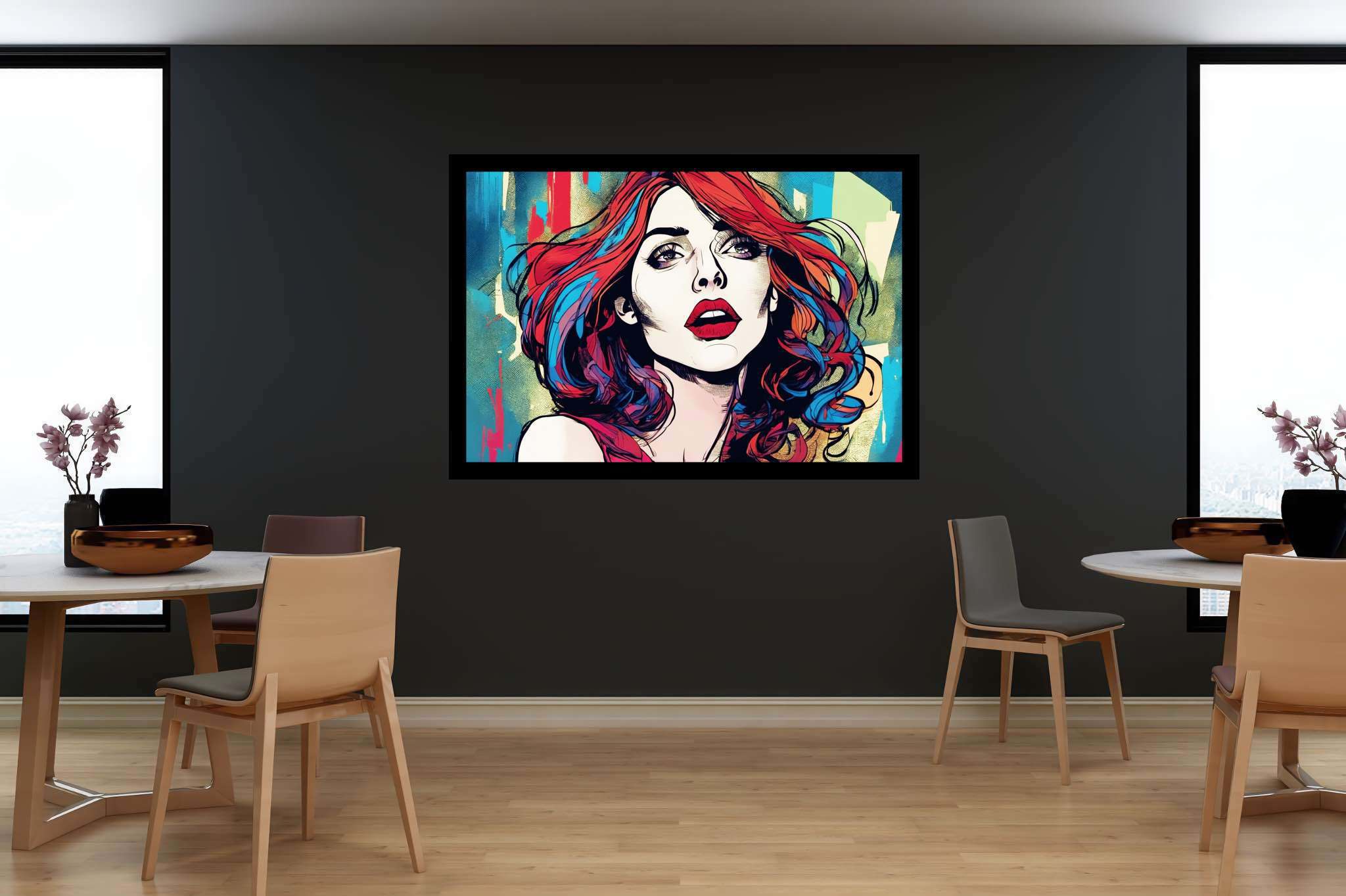 Crimson cascade enigma: Vibrant art with expressive artwork, in a room with urban design, gallery-quality artwork, and artisan decor. The art can be printed on poster, framed poster, canvas, metal, acrylic or wood, exclusively at WallArtZen. Find this exact print at https://wallartzen.com/waz31