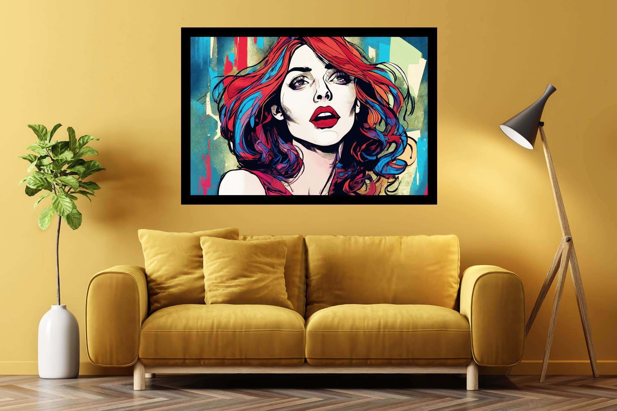 Crimson cascade enigma: Vibrant art with bold expressions, in a room with innovative layout, gallery-quality artwork, and designer furniture. The art can be printed on poster, framed poster, canvas, metal, acrylic or wood, exclusively at WallArtZen. Find this exact print at https://wallartzen.com/waz31