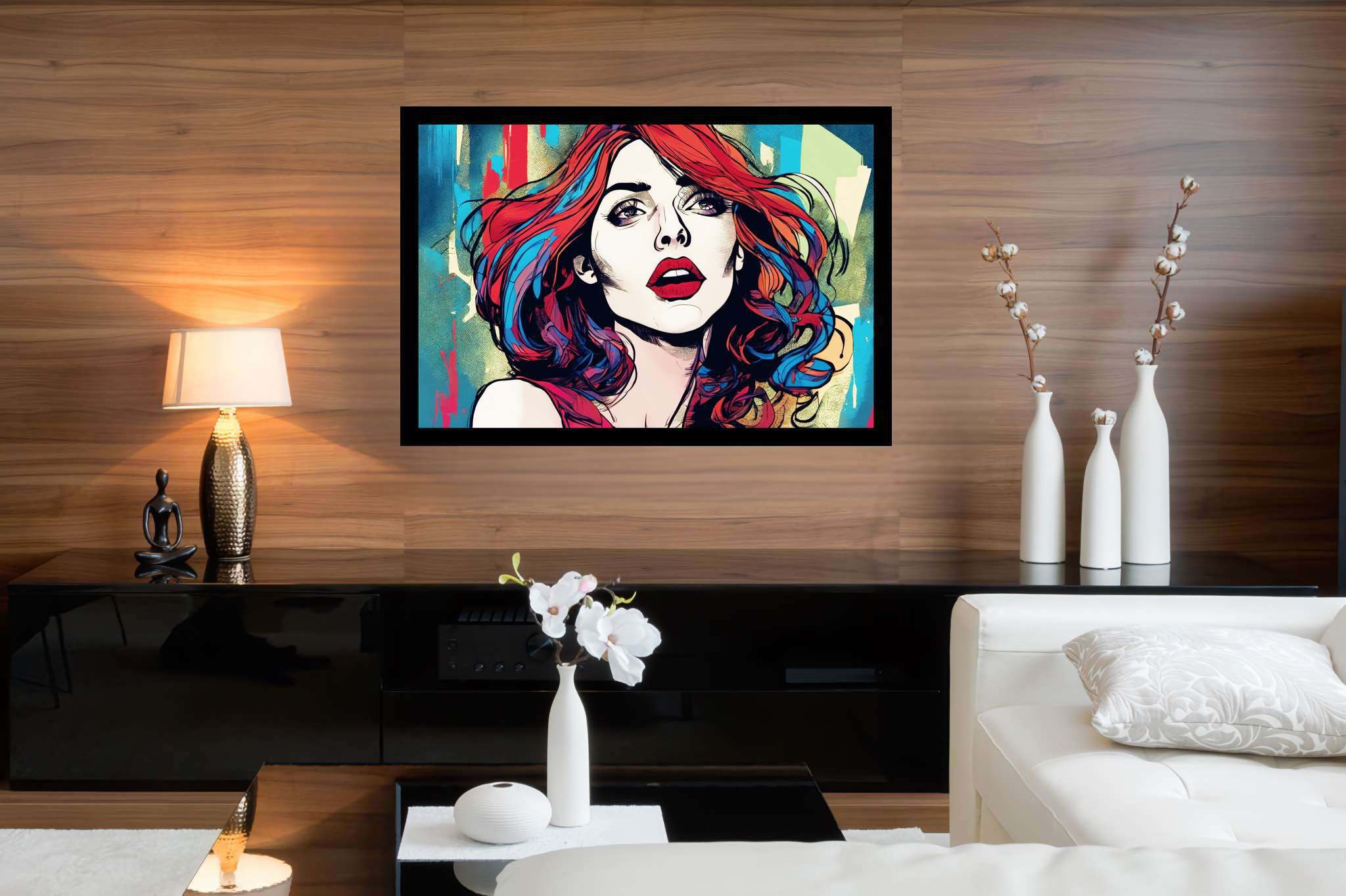 Crimson cascade enigma: Vibrant art with expressive artwork, in a room with great design, wall hangings, and designer furniture. The art can be printed on poster, framed poster, canvas, metal, acrylic or wood, exclusively at WallArtZen. Find this exact print at https://wallartzen.com/waz31