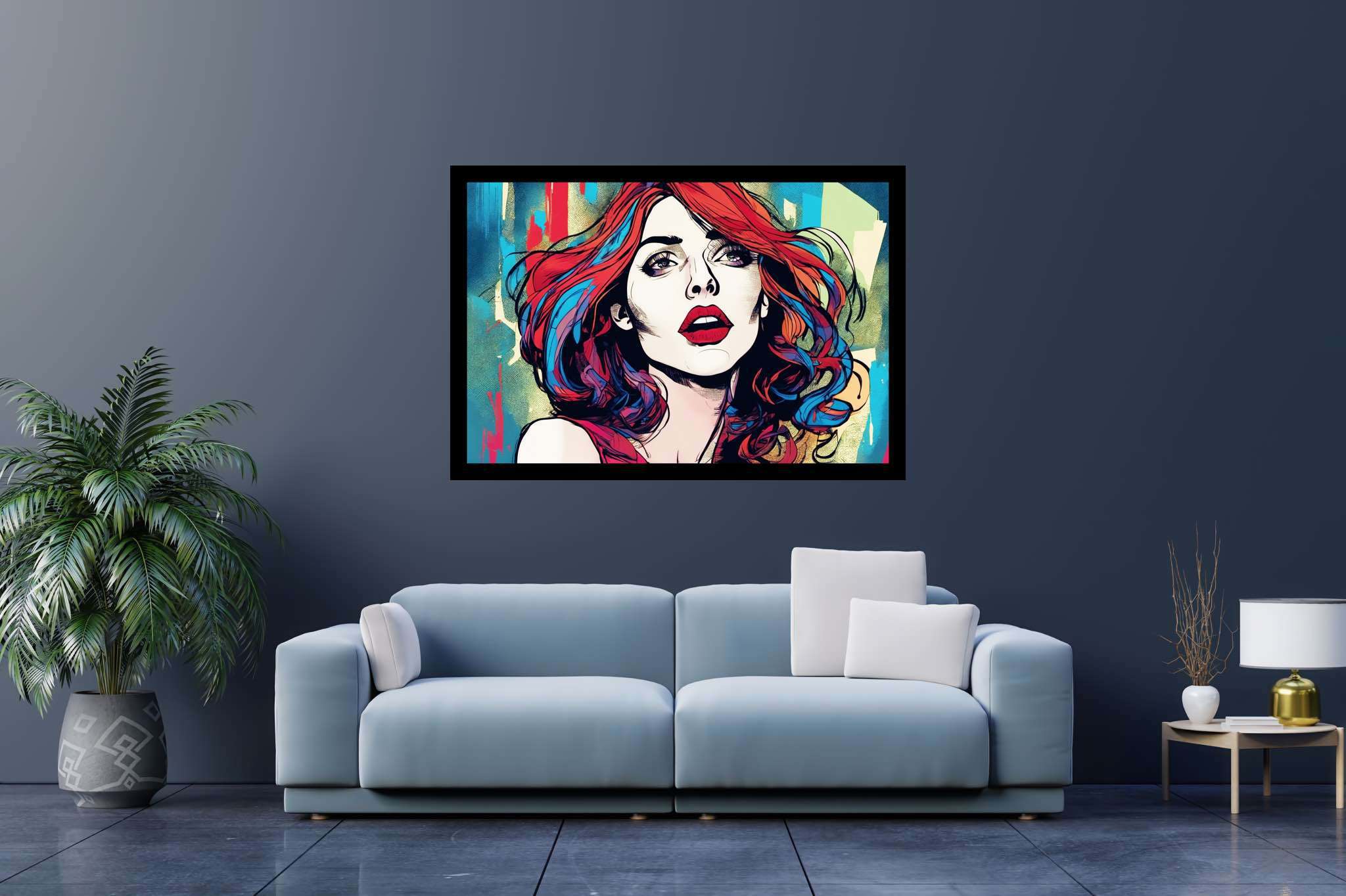 Crimson cascade enigma: Vibrant art with vibrant colors, in a room with urban design, wall hangings, and decorative pieces. The art can be printed on poster, framed poster, canvas, metal, acrylic or wood, exclusively at WallArtZen. Find this exact print at https://wallartzen.com/waz31