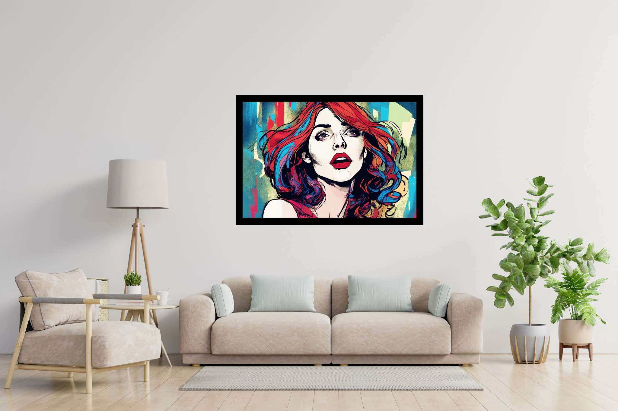 Crimson cascade enigma: Vibrant art with vibrant colors, in a room with chic decor, gallery-quality artwork, and home styling items. The art can be printed on poster, framed poster, canvas, metal, acrylic or wood, exclusively at WallArtZen. Find this exact print at https://wallartzen.com/waz31