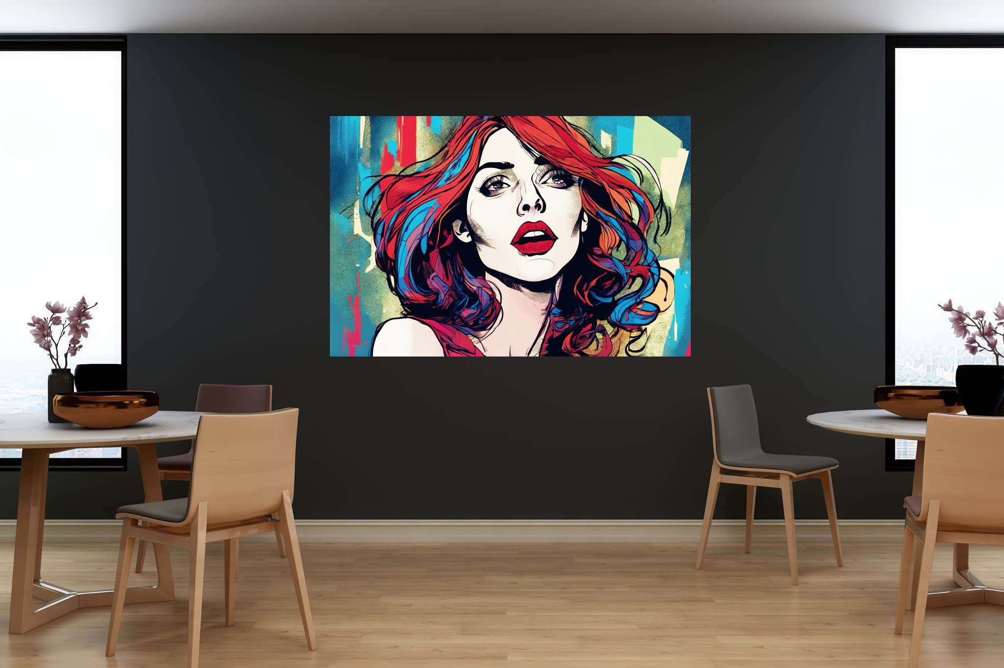 Crimson cascade enigma: Vibrant art with expressive artwork, in a room with innovative layout, wall art, and home furnishings. The art can be printed on poster, framed poster, canvas, metal, acrylic or wood, exclusively at WallArtZen. Find this exact print at https://wallartzen.com/waz31