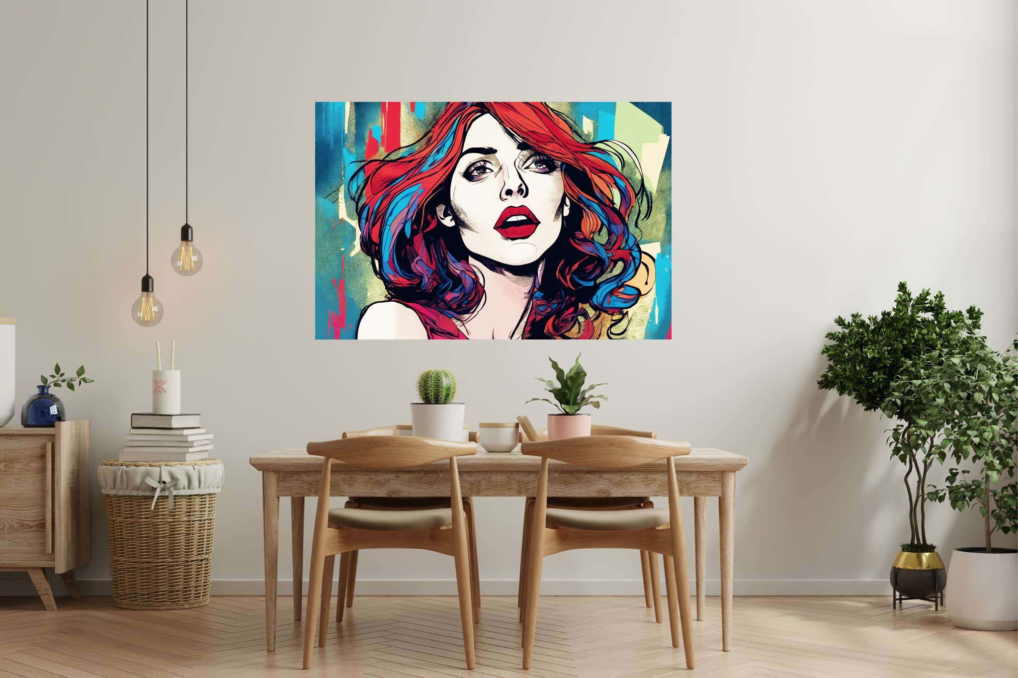 Crimson cascade enigma: Vibrant art with vibrant art, in a room with urban design, mural artworks, and home furnishings. The art can be printed on poster, framed poster, canvas, metal, acrylic or wood, exclusively at WallArtZen. Find this exact print at https://wallartzen.com/waz31