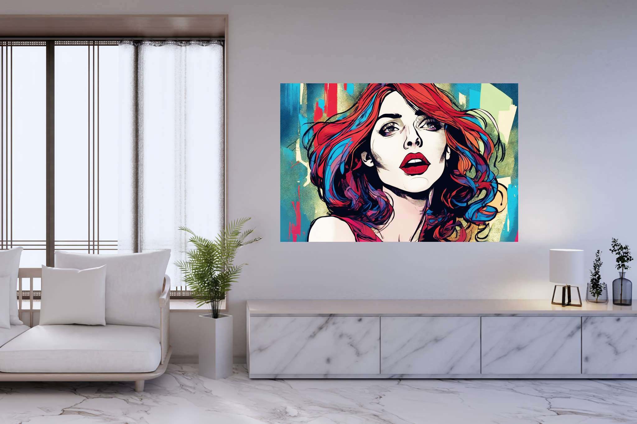 Crimson cascade enigma: Vibrant art with vibrant sculptures, in a room with innovative layout, wall hangings, and home styling items. The art can be printed on poster, framed poster, canvas, metal, acrylic or wood, exclusively at WallArtZen. Find this exact print at https://wallartzen.com/waz31