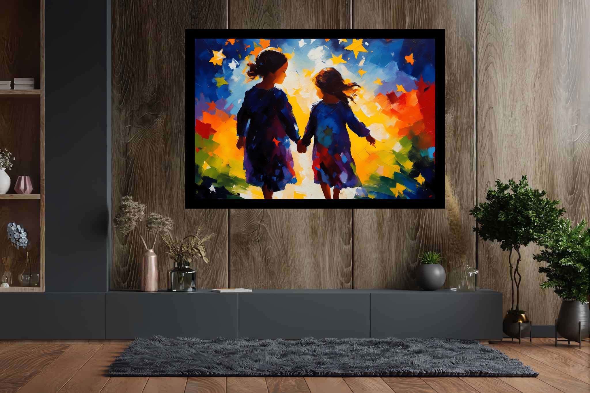 Stardust companionship: Vibrant girls art with expressive artwork, in a room with elegant layout, wall art, and home furnishings. The art can be printed on poster, framed poster, canvas, metal, acrylic or wood, exclusively at WallArtZen. Find this exact print at https://wallartzen.com/waz320