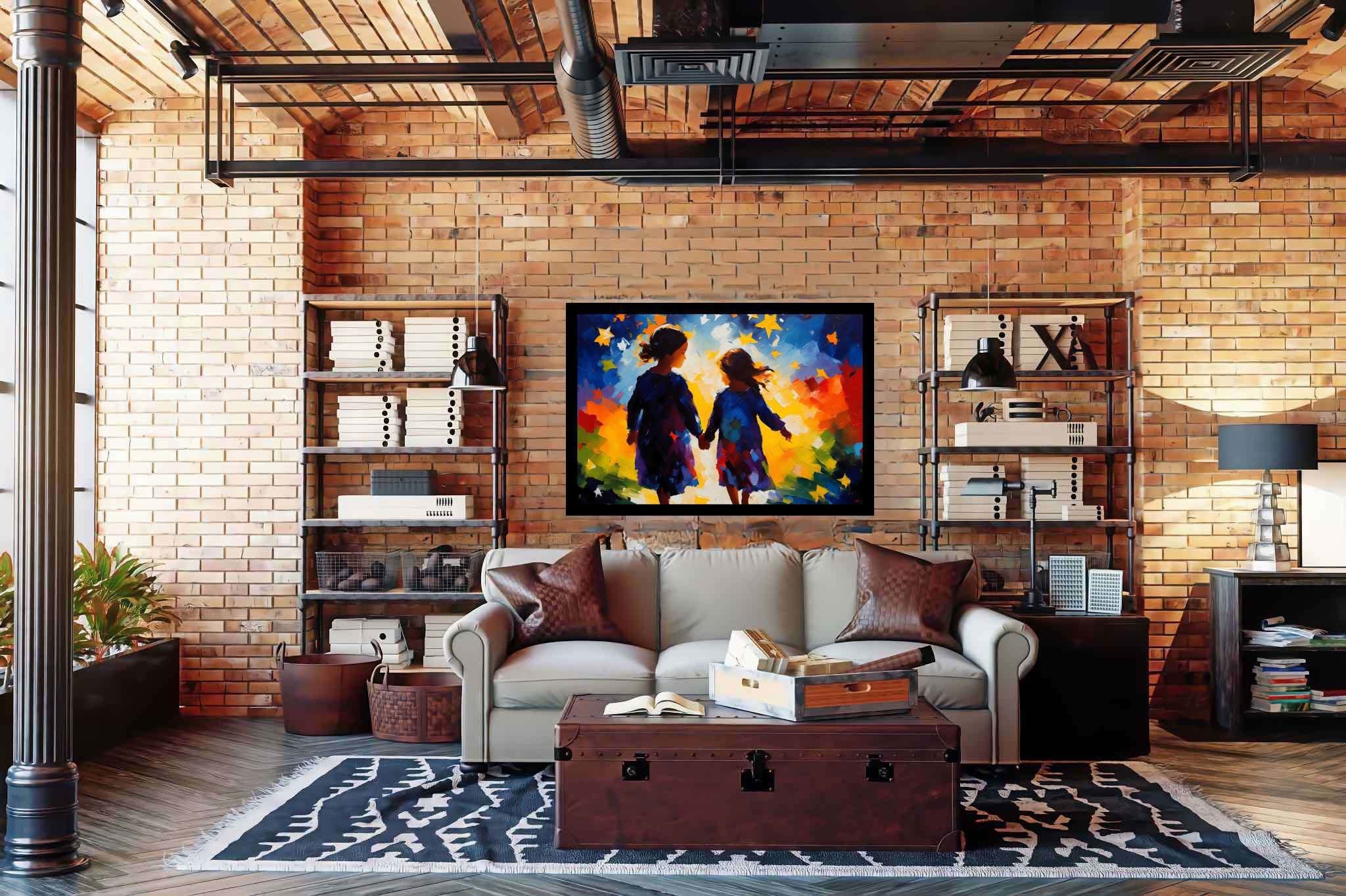 Stardust companionship: Vibrant girls art with vibrant girls art, in a room with elegant layout, digital art pieces, and interior decorations. The art can be printed on poster, framed poster, canvas, metal, acrylic or wood, exclusively at WallArtZen. Find this exact print at https://wallartzen.com/waz320