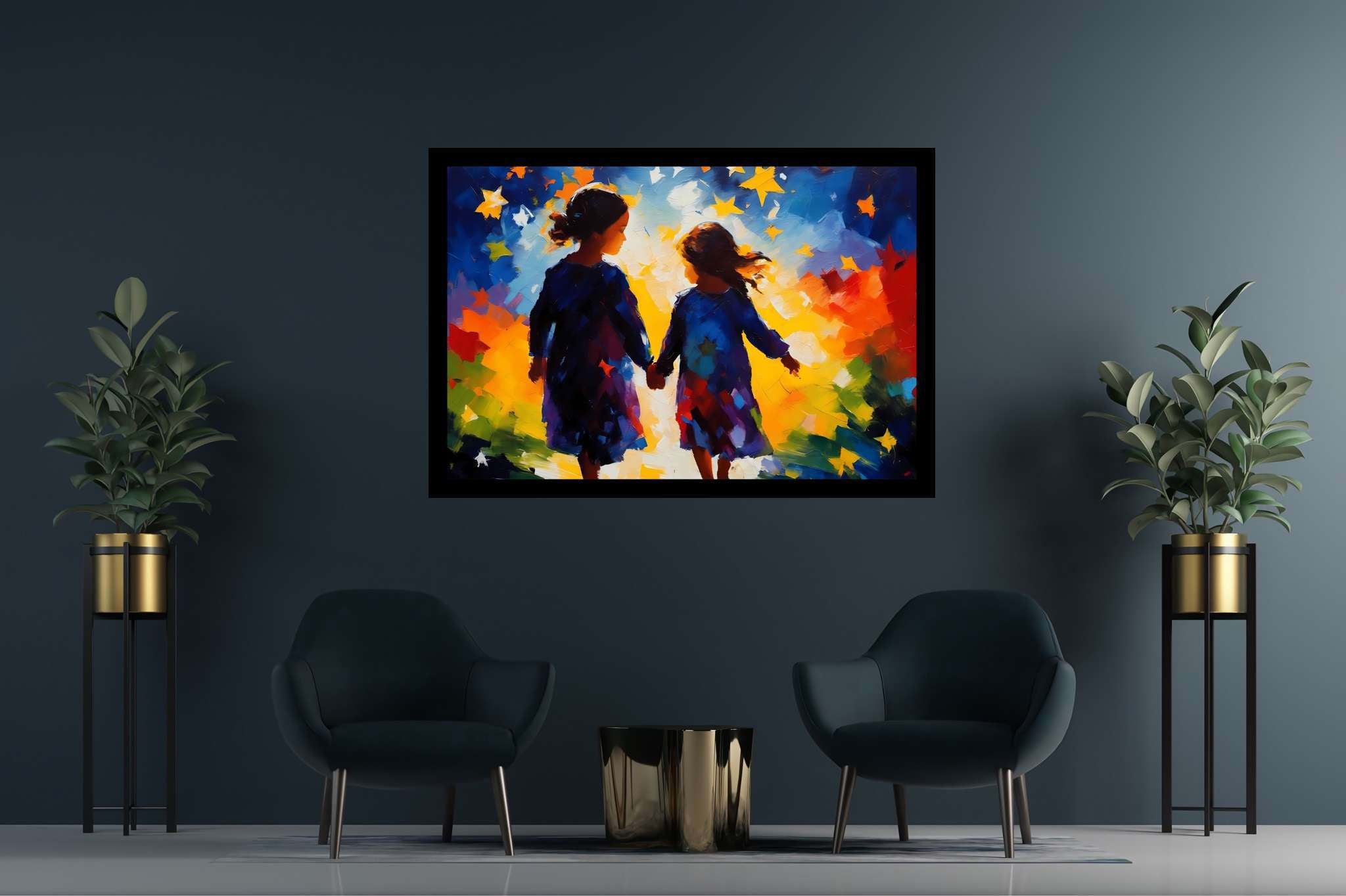 Stardust companionship: Vibrant girls art with vibrant portraits, in a room with artistic style, abstract paintings, and designer furniture. The art can be printed on poster, framed poster, canvas, metal, acrylic or wood, exclusively at WallArtZen. Find this exact print at https://wallartzen.com/waz320