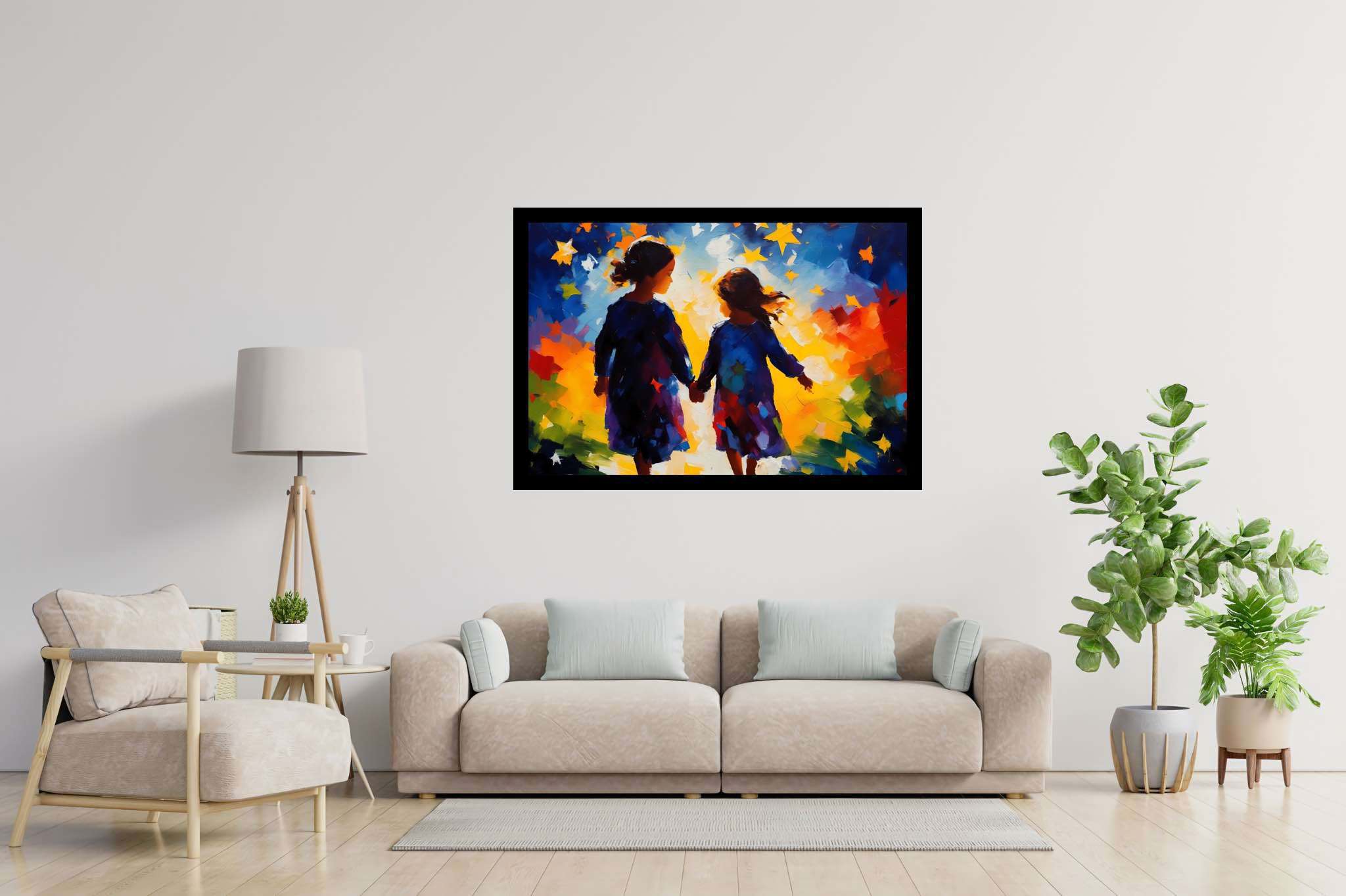 Stardust companionship: Vibrant girls art with colorful paintings, in a room with minimalist approach, photographic wall art, and artisan decor. The art can be printed on poster, framed poster, canvas, metal, acrylic or wood, exclusively at WallArtZen. Find this exact print at https://wallartzen.com/waz320