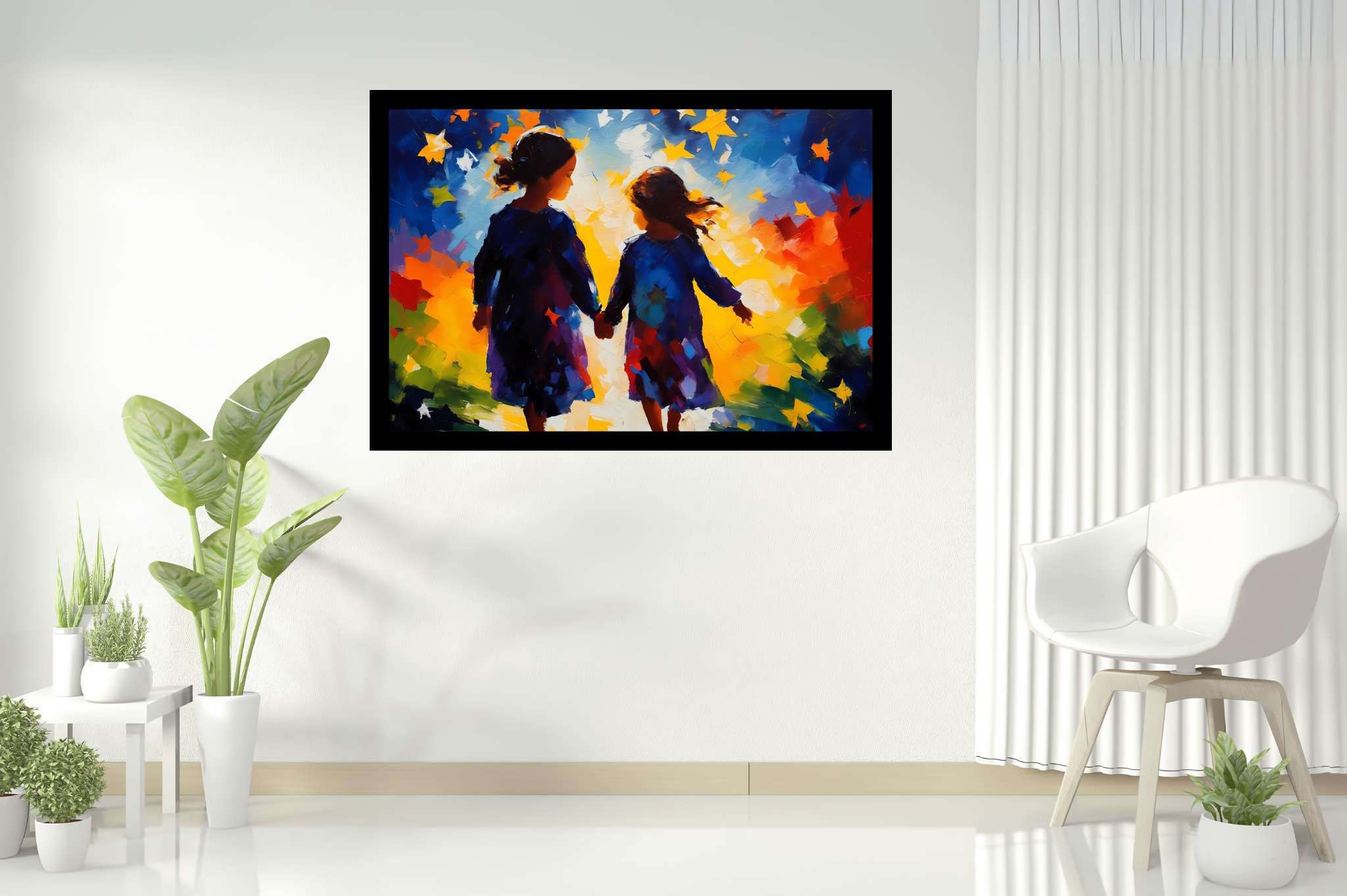 Stardust companionship: Vibrant girls art with lively art, in a room with innovative layout, fine art prints, and trendy home accents. The art can be printed on poster, framed poster, canvas, metal, acrylic or wood, exclusively at WallArtZen. Find this exact print at https://wallartzen.com/waz320