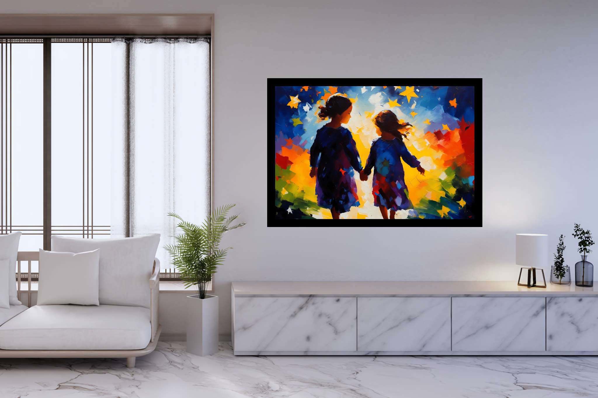 Stardust companionship: Vibrant girls art with energetic illustrations, in a room with innovative layout, bespoke art designs, and trendy home accents. The art can be printed on poster, framed poster, canvas, metal, acrylic or wood, exclusively at WallArtZen. Find this exact print at https://wallartzen.com/waz320