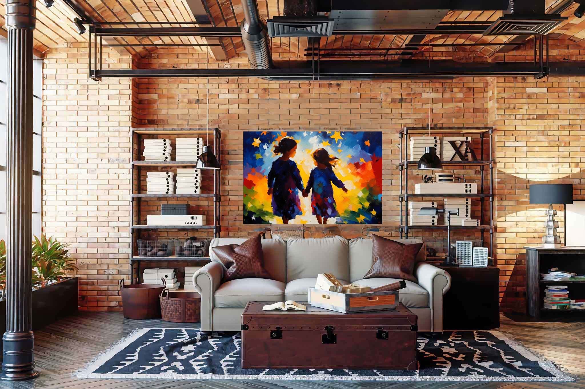 Stardust companionship: Vibrant girls art with vibrant girls art, in a room with chic decor, gallery-quality artwork, and home furnishings. The art can be printed on poster, framed poster, canvas, metal, acrylic or wood, exclusively at WallArtZen. Find this exact print at https://wallartzen.com/waz320