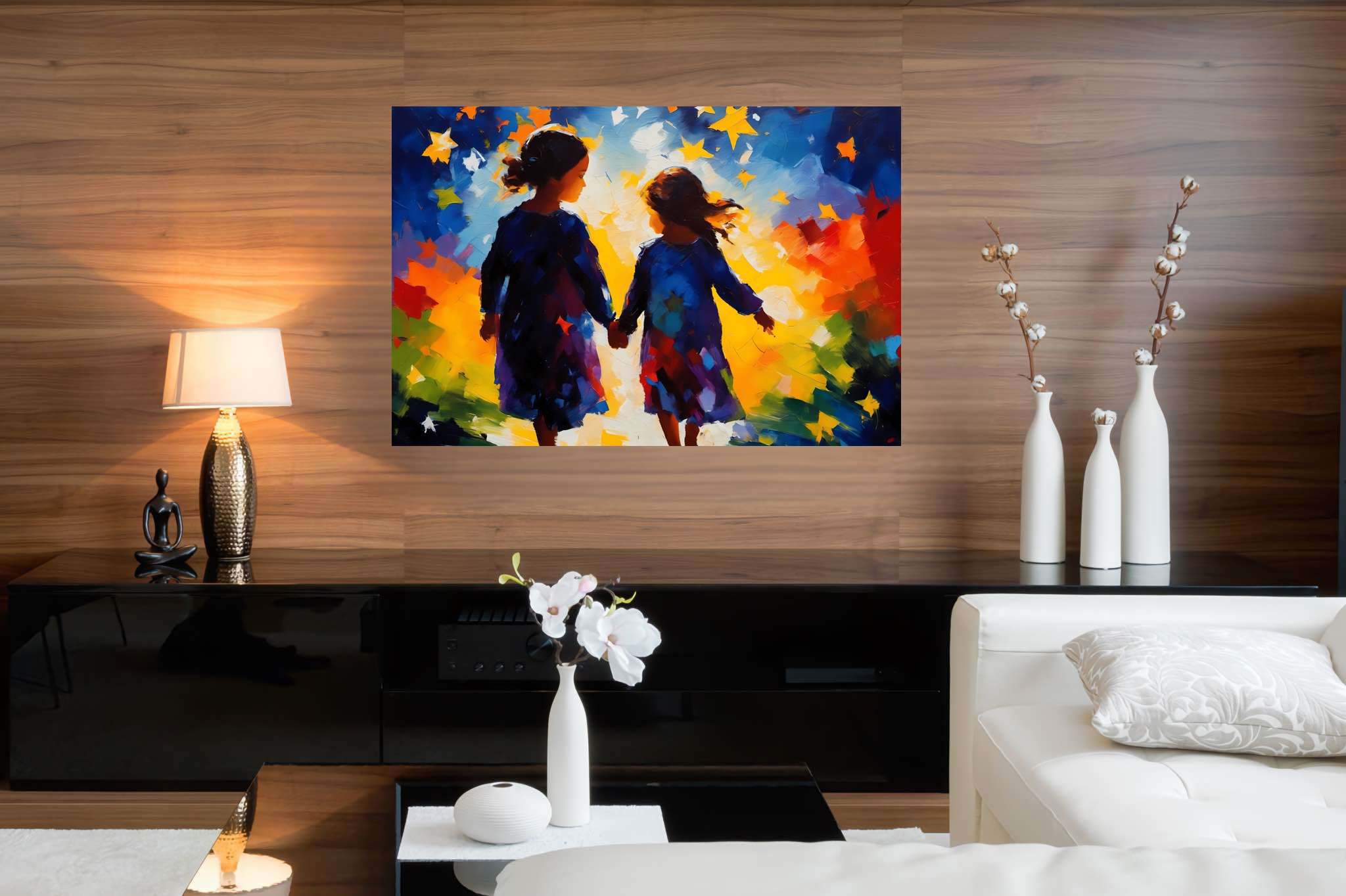 Stardust companionship: Vibrant girls art with dynamic girls artwork, in a room with classic elegance, wall art, and home furnishings. The art can be printed on poster, framed poster, canvas, metal, acrylic or wood, exclusively at WallArtZen. Find this exact print at https://wallartzen.com/waz320