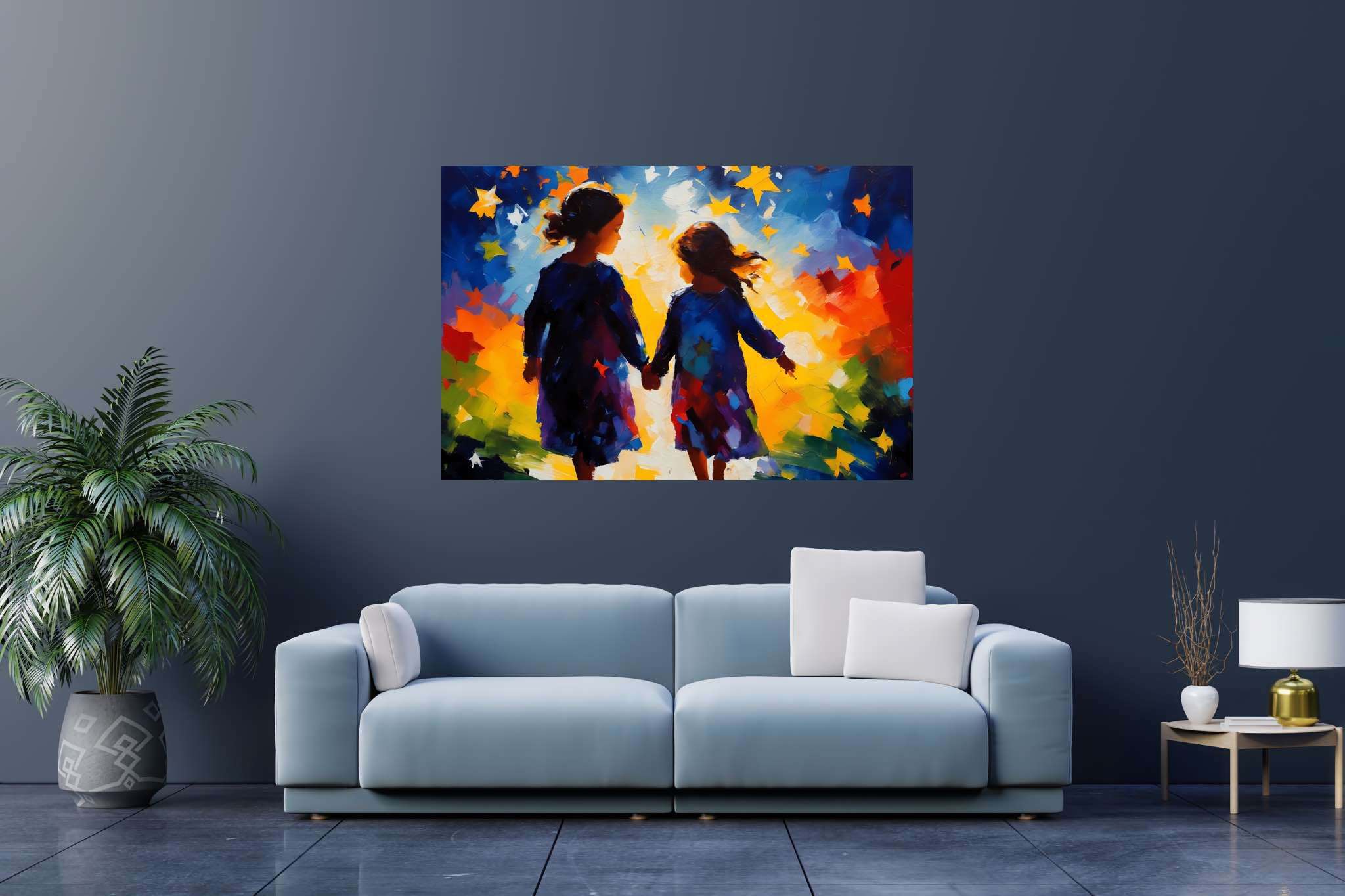 Stardust companionship: Vibrant girls art with lively art, in a room with chic decor, digital art pieces, and stylish accessories. The art can be printed on poster, framed poster, canvas, metal, acrylic or wood, exclusively at WallArtZen. Find this exact print at https://wallartzen.com/waz320