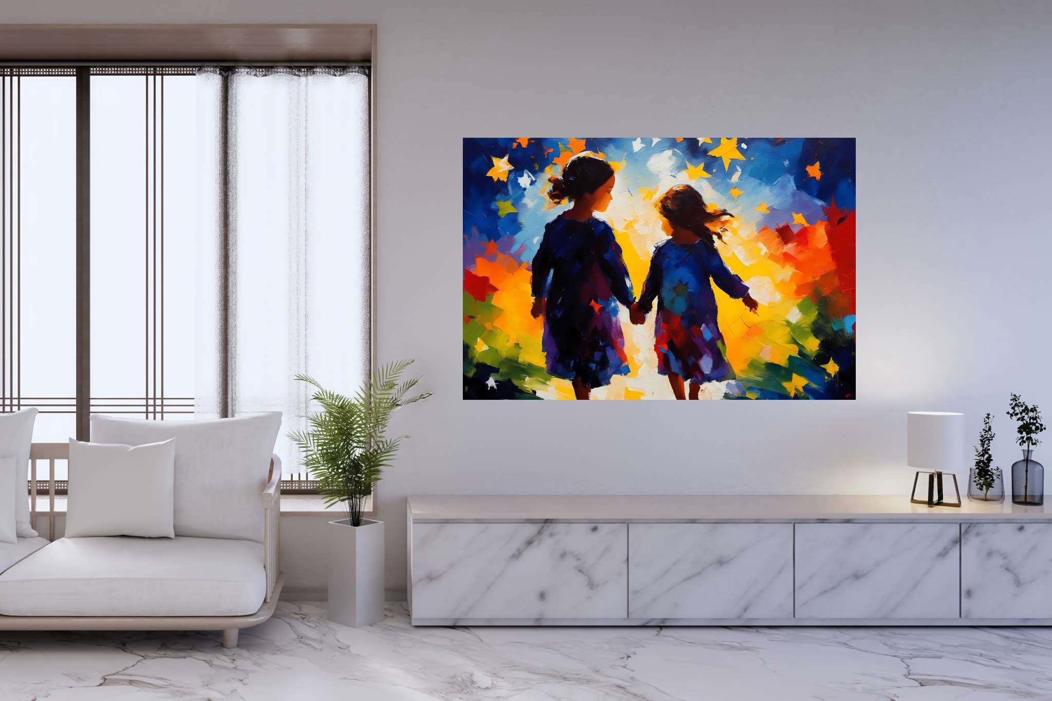 Stardust companionship: Vibrant girls art with vibrant girls art, in a room with innovative layout, wall art, and decorative pieces. The art can be printed on poster, framed poster, canvas, metal, acrylic or wood, exclusively at WallArtZen. Find this exact print at https://wallartzen.com/waz320