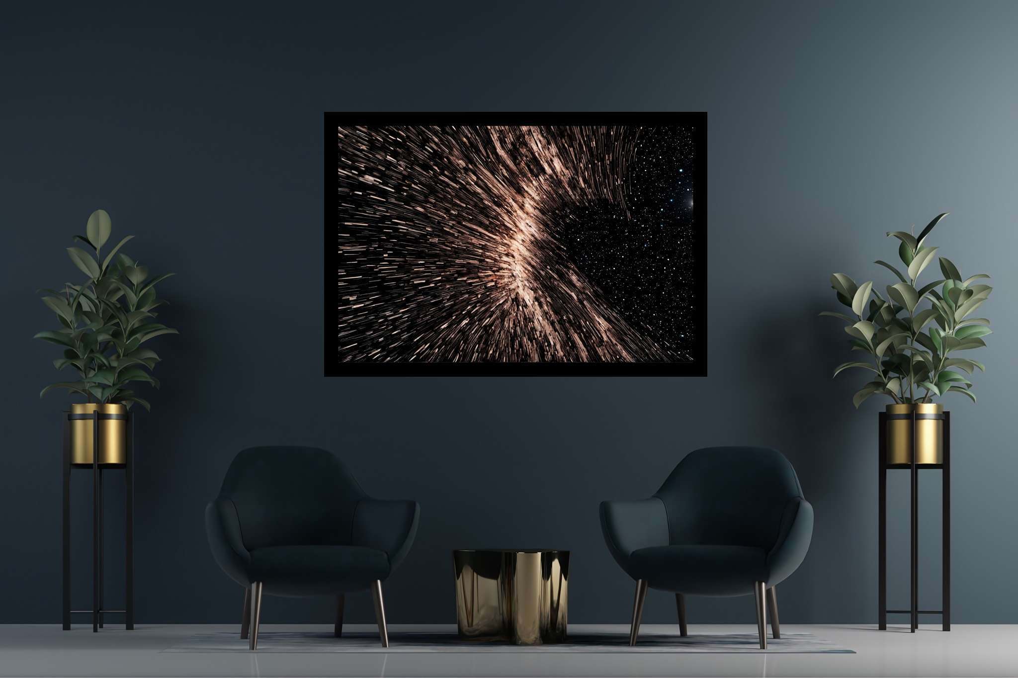 Galactic embrace: Stunning black hole art with breathtaking space visuals, in a room with urban design, wall hangings, and home styling items. The art can be printed on poster, framed poster, canvas, metal, acrylic or wood, exclusively at WallArtZen. Find this exact print at https://wallartzen.com/waz321