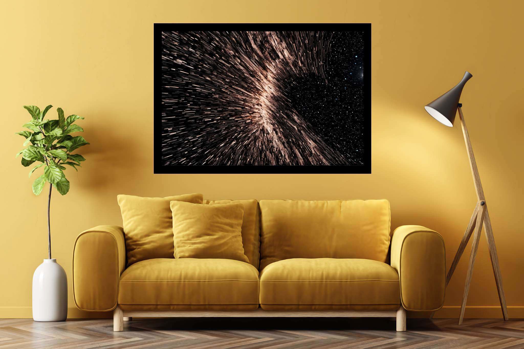 Galactic embrace: Stunning black hole art with breathtaking space visuals, in a room with chic decor, wall hangings, and home furnishings. The art can be printed on poster, framed poster, canvas, metal, acrylic or wood, exclusively at WallArtZen. Find this exact print at https://wallartzen.com/waz321