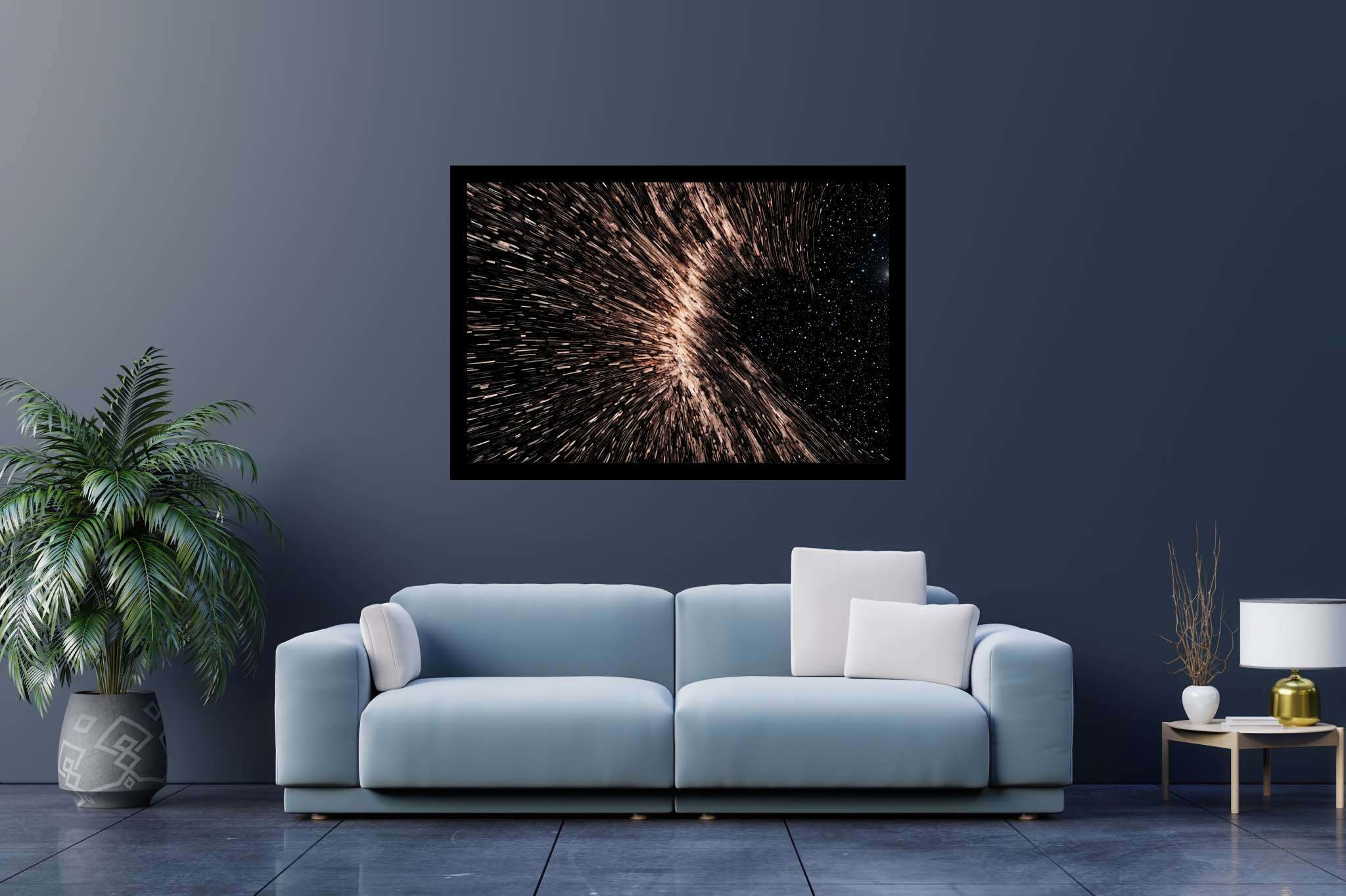 Galactic embrace: Stunning black hole art with stunning black hole art, in a room with urban design, mural artworks, and trendy home accents. The art can be printed on poster, framed poster, canvas, metal, acrylic or wood, exclusively at WallArtZen. Find this exact print at https://wallartzen.com/waz321