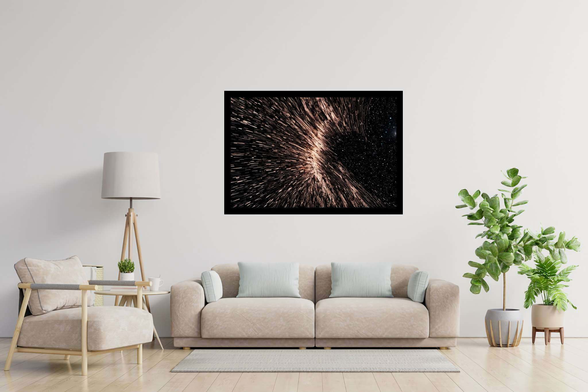 Galactic embrace: Stunning black hole art with stunning black hole art, in a room with urban design, gallery-quality artwork, and designer furniture. The art can be printed on poster, framed poster, canvas, metal, acrylic or wood, exclusively at WallArtZen. Find this exact print at https://wallartzen.com/waz321