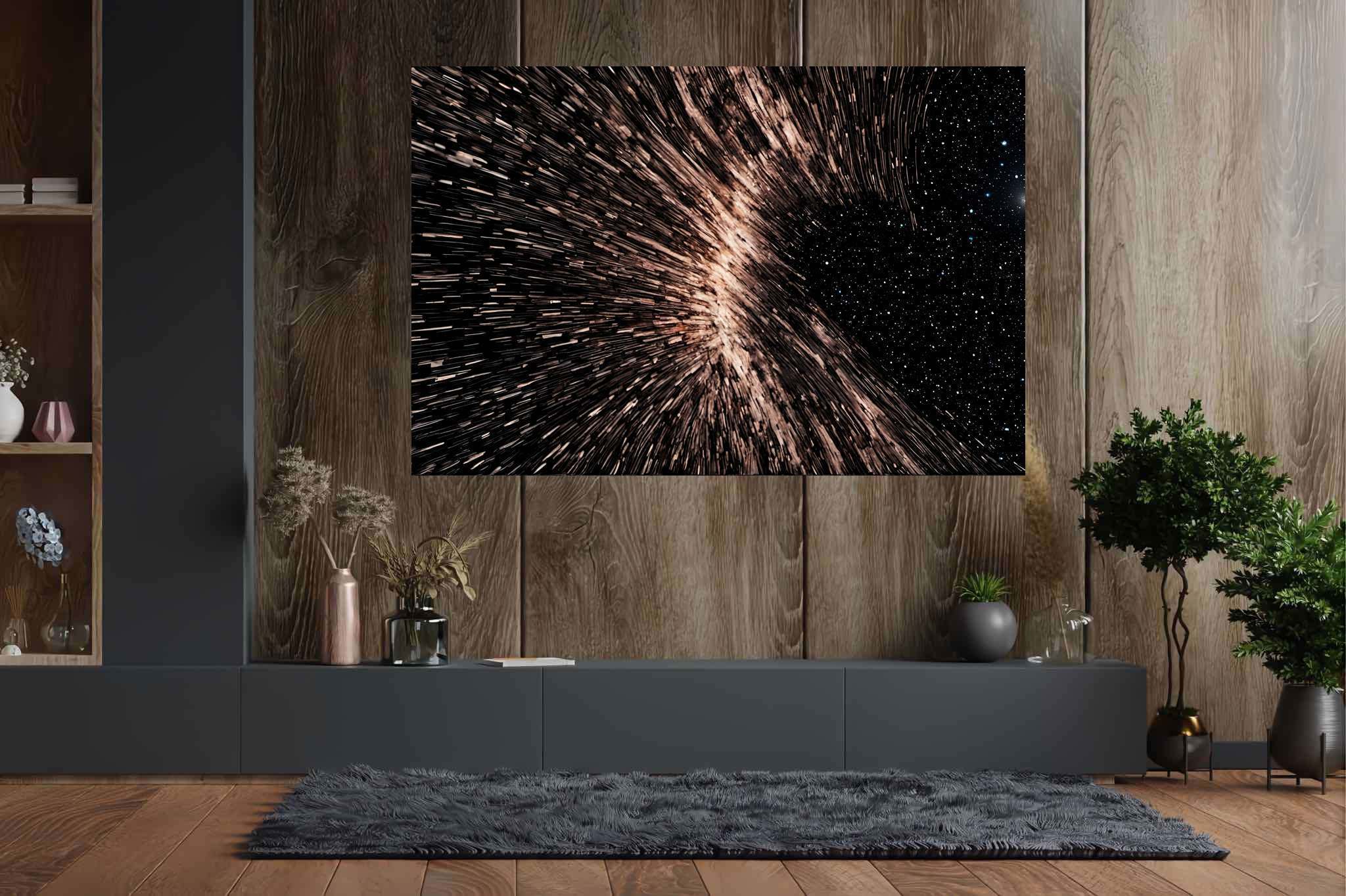 Galactic embrace: Stunning black hole art with mesmerizing astrophotography, in a room with classic elegance, wall art, and decorative pieces. The art can be printed on poster, framed poster, canvas, metal, acrylic or wood, exclusively at WallArtZen. Find this exact print at https://wallartzen.com/waz321