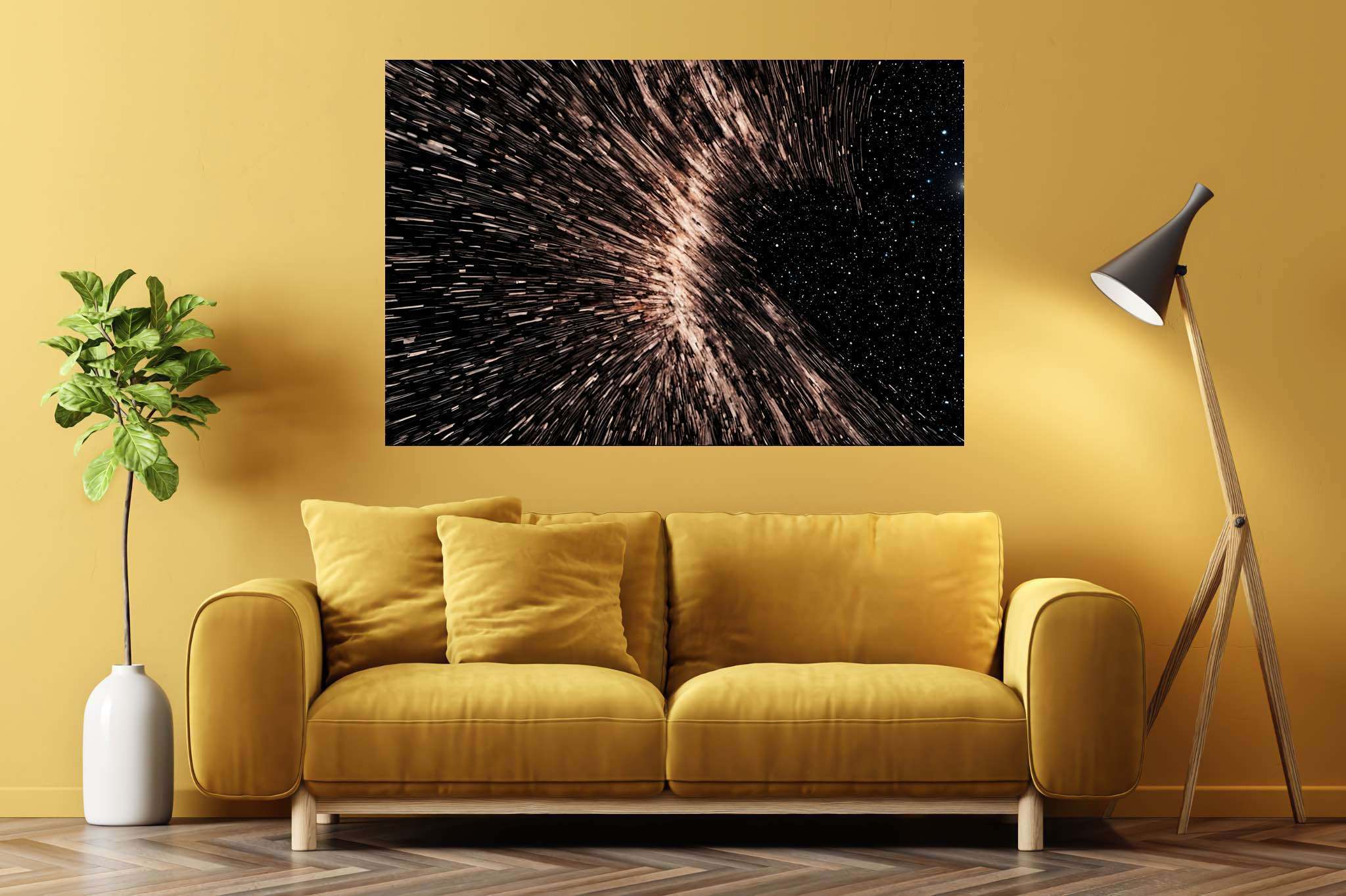 Galactic embrace: Stunning black hole art with mind-blowing celestial artwork, in a room with artistic style, abstract paintings, and interior decorations. The art can be printed on poster, framed poster, canvas, metal, acrylic or wood, exclusively at WallArtZen. Find this exact print at https://wallartzen.com/waz321