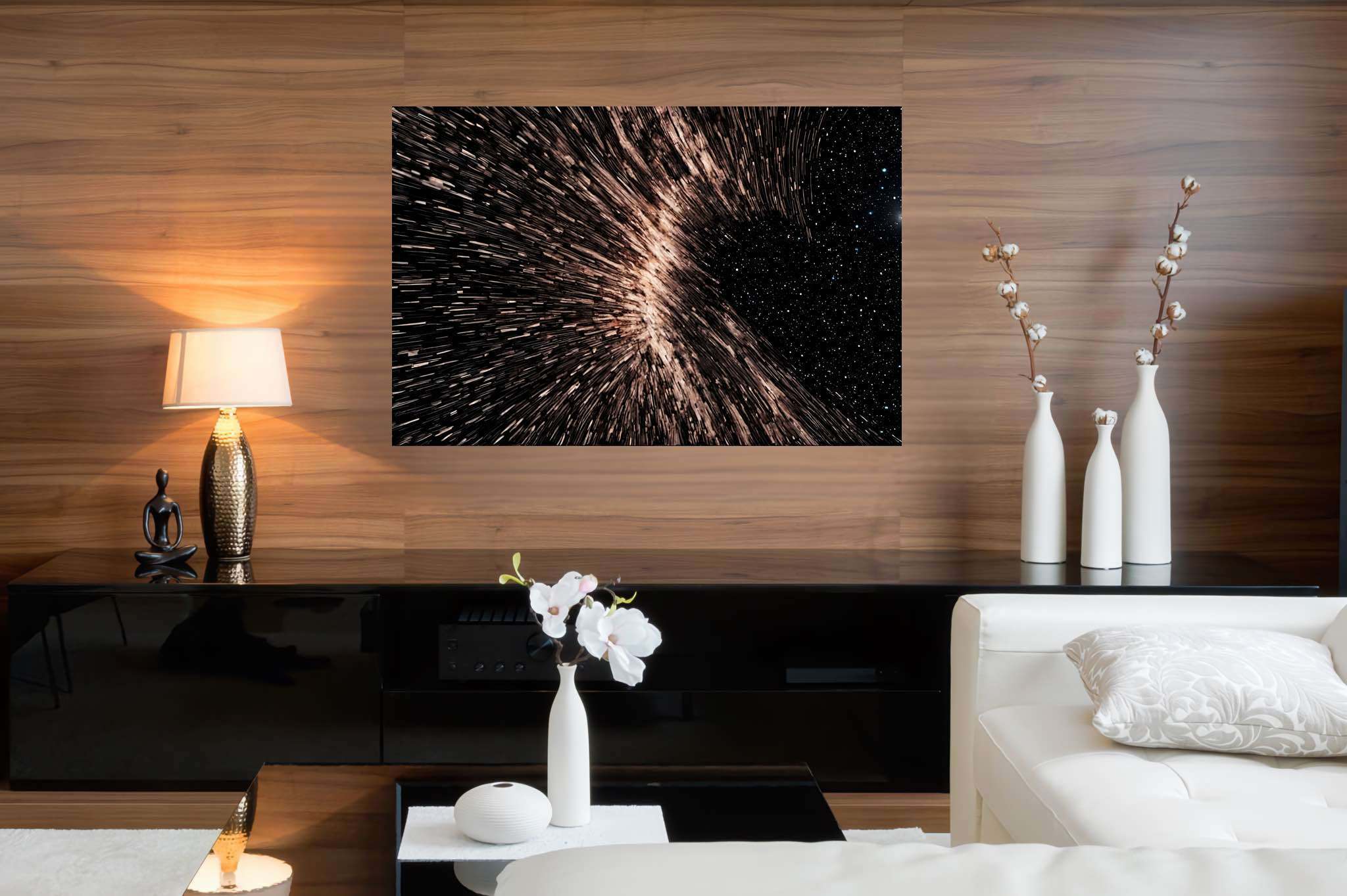 Galactic embrace: Stunning black hole art with captivating cosmic designs, in a room with chic decor, fine art prints, and stylish accessories. The art can be printed on poster, framed poster, canvas, metal, acrylic or wood, exclusively at WallArtZen. Find this exact print at https://wallartzen.com/waz321