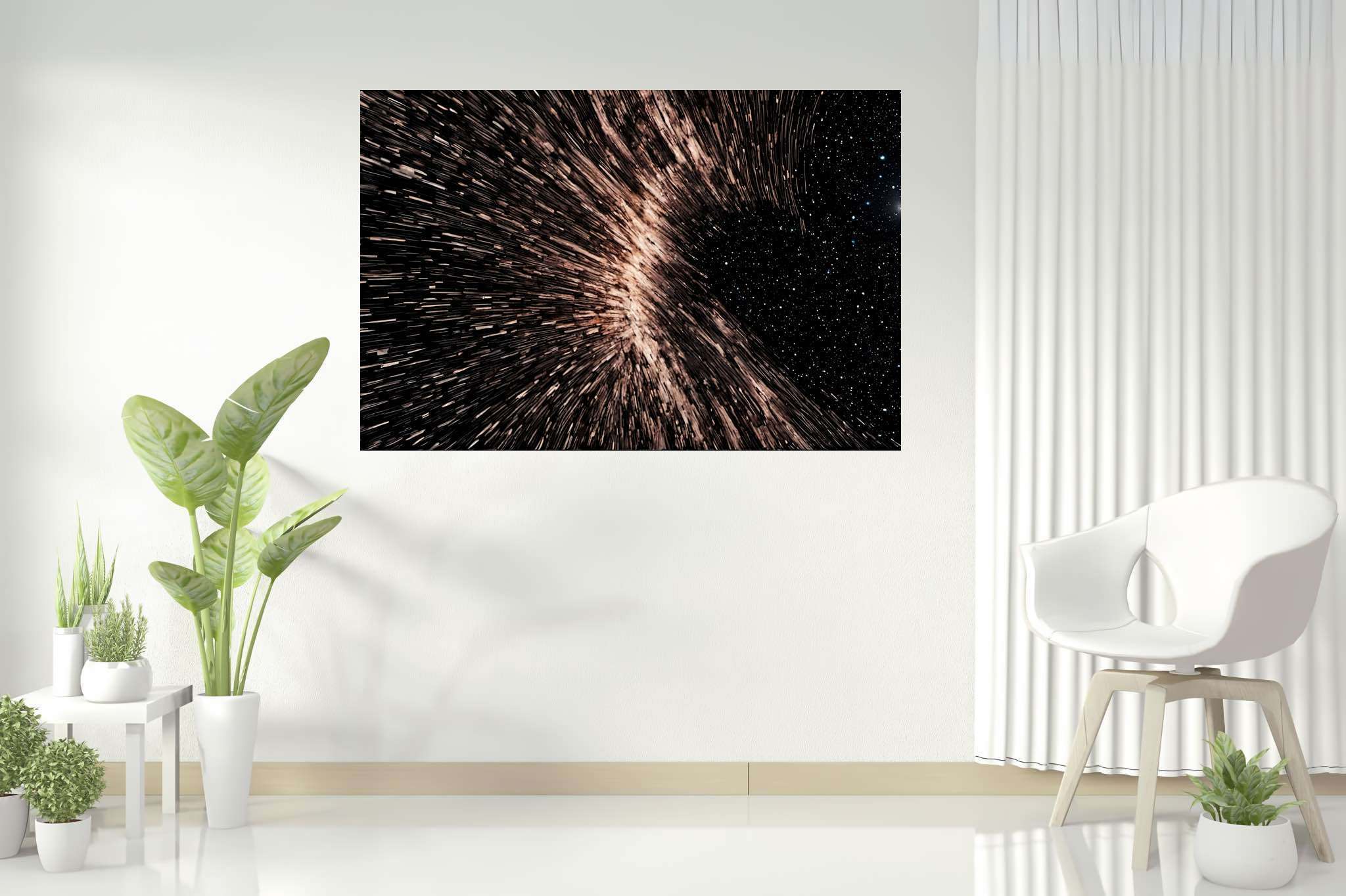 Galactic embrace: Stunning black hole art with mesmerizing astrophotography, in a room with chic decor, digital art pieces, and stylish accessories. The art can be printed on poster, framed poster, canvas, metal, acrylic or wood, exclusively at WallArtZen. Find this exact print at https://wallartzen.com/waz321