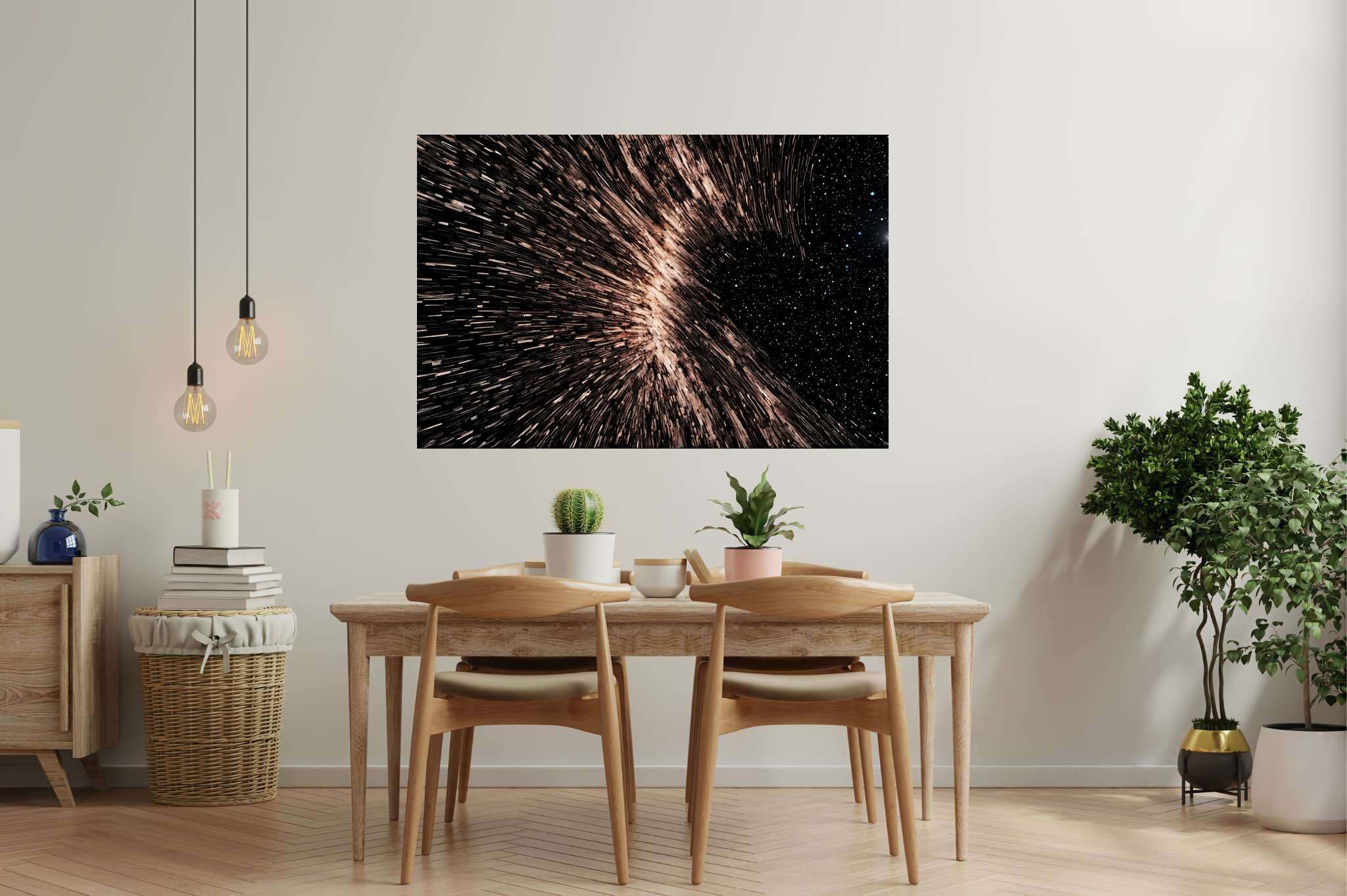 Galactic embrace: Stunning black hole art with otherworldly space renderings, in a room with classic elegance, mural artworks, and luxe decor. The art can be printed on poster, framed poster, canvas, metal, acrylic or wood, exclusively at WallArtZen. Find this exact print at https://wallartzen.com/waz321