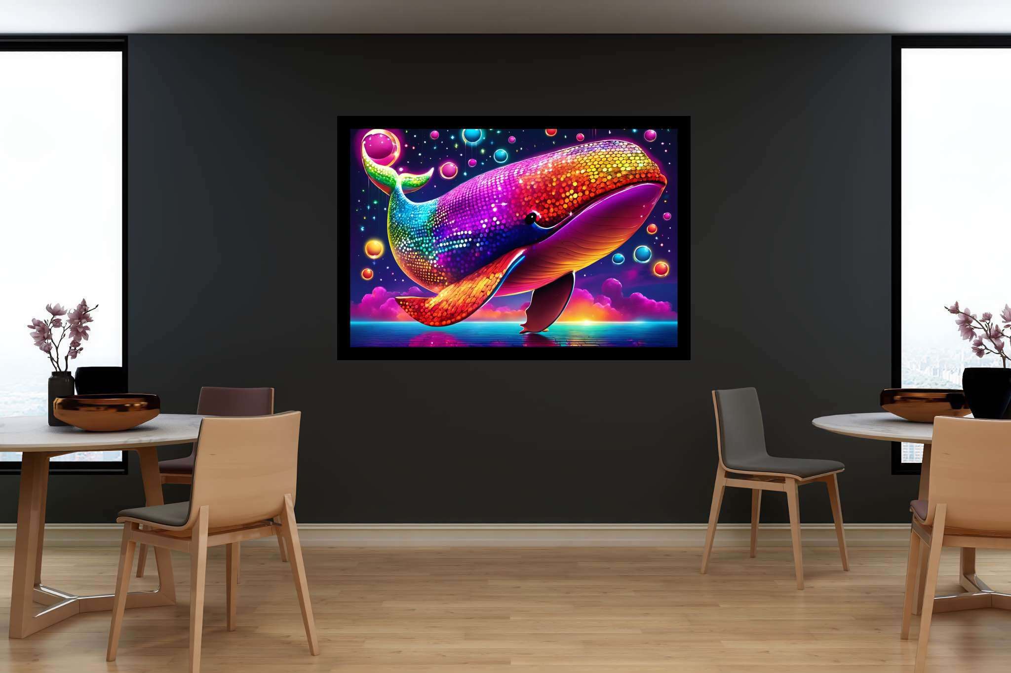Rainbow leviathan's ballet: Vibrant whale art with vibrant sea creatures, in a room with elegant layout, wall hangings, and home styling items. The art can be printed on poster, framed poster, canvas, metal, acrylic or wood, exclusively at WallArtZen. Find this exact print at https://wallartzen.com/waz322