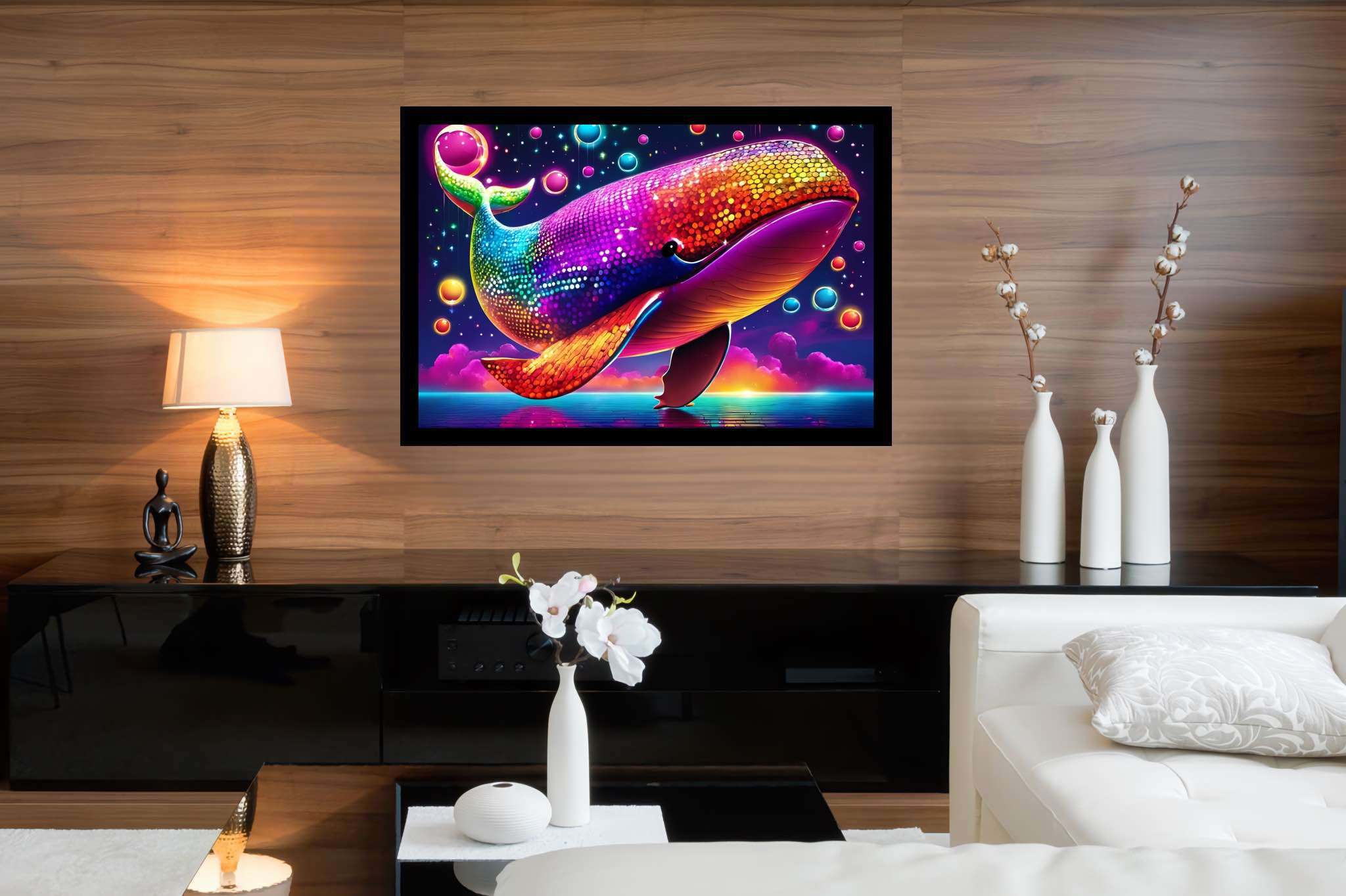 Rainbow leviathan's ballet: Vibrant whale art with colorful marine life, in a room with great design, digital art pieces, and home styling items. The art can be printed on poster, framed poster, canvas, metal, acrylic or wood, exclusively at WallArtZen. Find this exact print at https://wallartzen.com/waz322