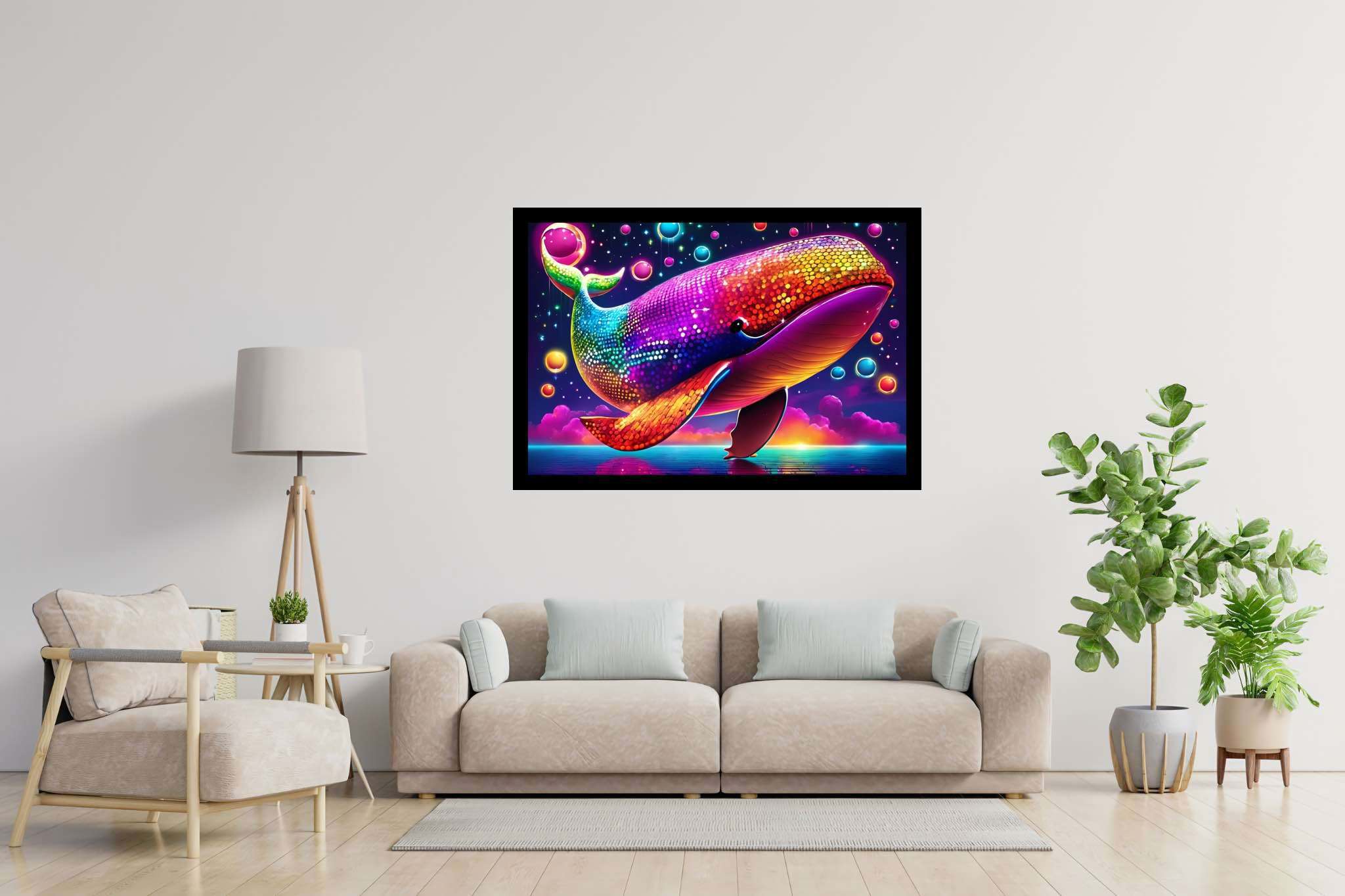 Rainbow leviathan's ballet: Vibrant whale art with vibrant whale designs, in a room with great design, digital art pieces, and decorative pieces. The art can be printed on poster, framed poster, canvas, metal, acrylic or wood, exclusively at WallArtZen. Find this exact print at https://wallartzen.com/waz322