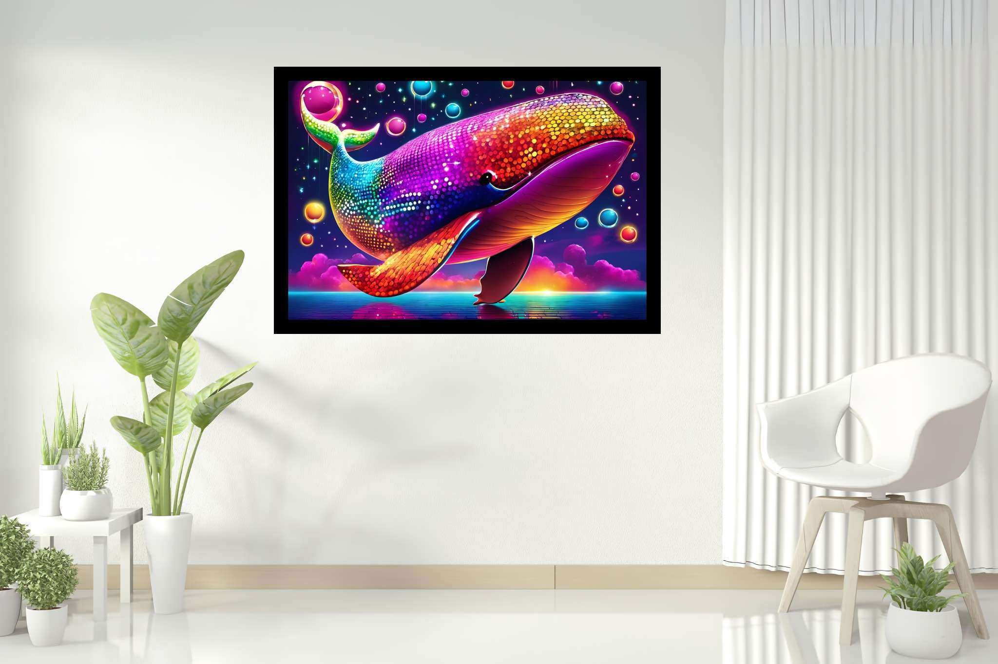 Rainbow leviathan's ballet: Vibrant whale art with colorful marine life, in a room with classic elegance, photographic wall art, and home furnishings. The art can be printed on poster, framed poster, canvas, metal, acrylic or wood, exclusively at WallArtZen. Find this exact print at https://wallartzen.com/waz322