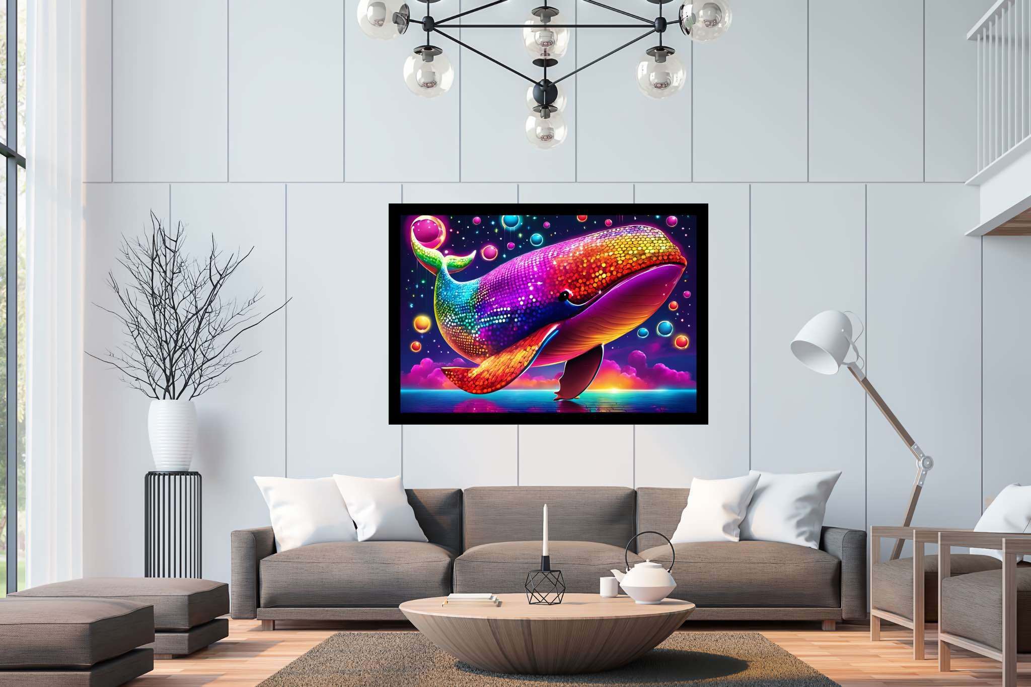 Rainbow leviathan's ballet: Vibrant whale art with vibrant sea-inspired artwork, in a room with modern style, bespoke art designs, and artisan decor. The art can be printed on poster, framed poster, canvas, metal, acrylic or wood, exclusively at WallArtZen. Find this exact print at https://wallartzen.com/waz322