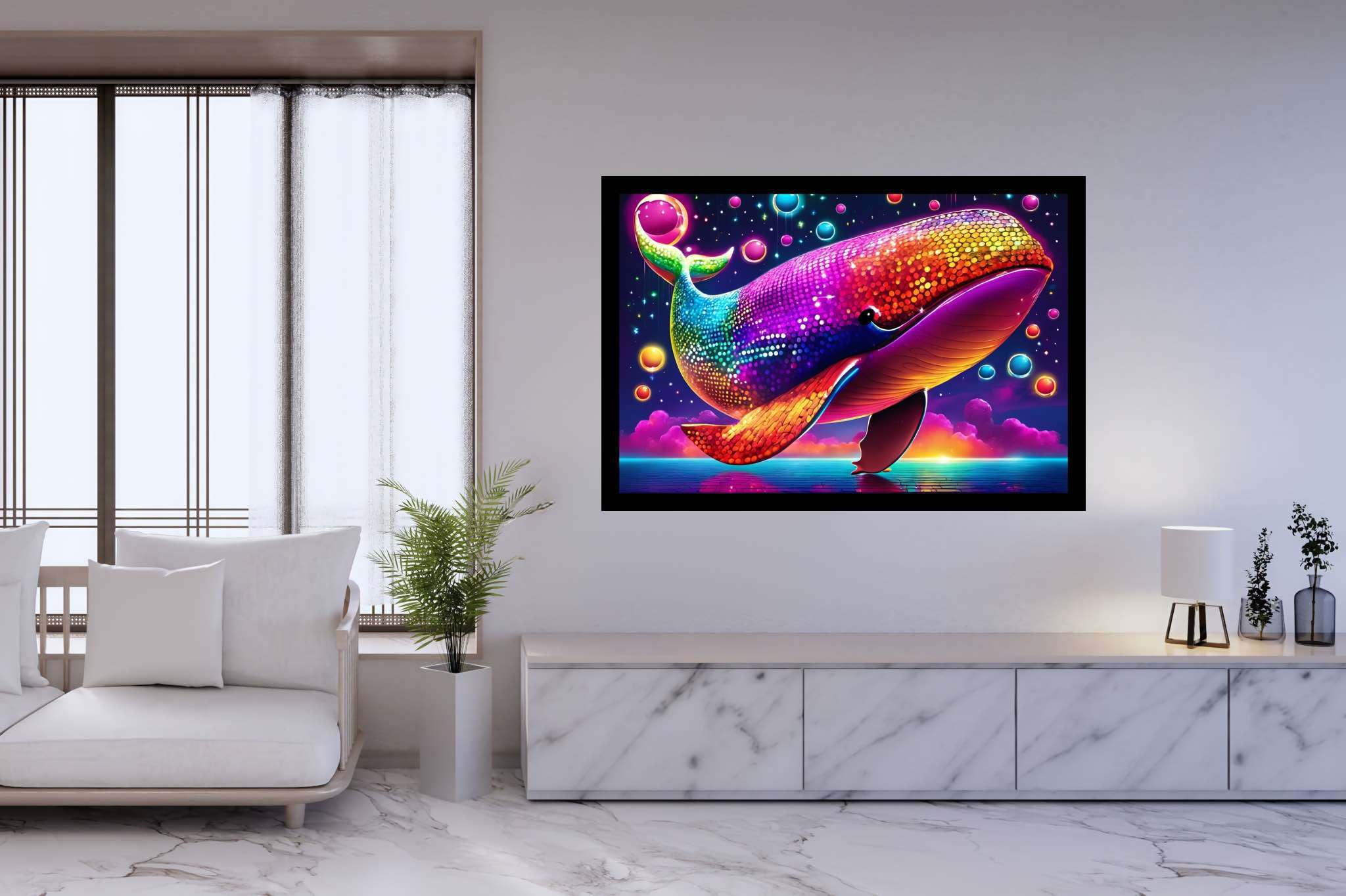 Rainbow leviathan's ballet: Vibrant whale art with vibrant whale art, in a room with chic decor, framed art, and decorative pieces. The art can be printed on poster, framed poster, canvas, metal, acrylic or wood, exclusively at WallArtZen. Find this exact print at https://wallartzen.com/waz322