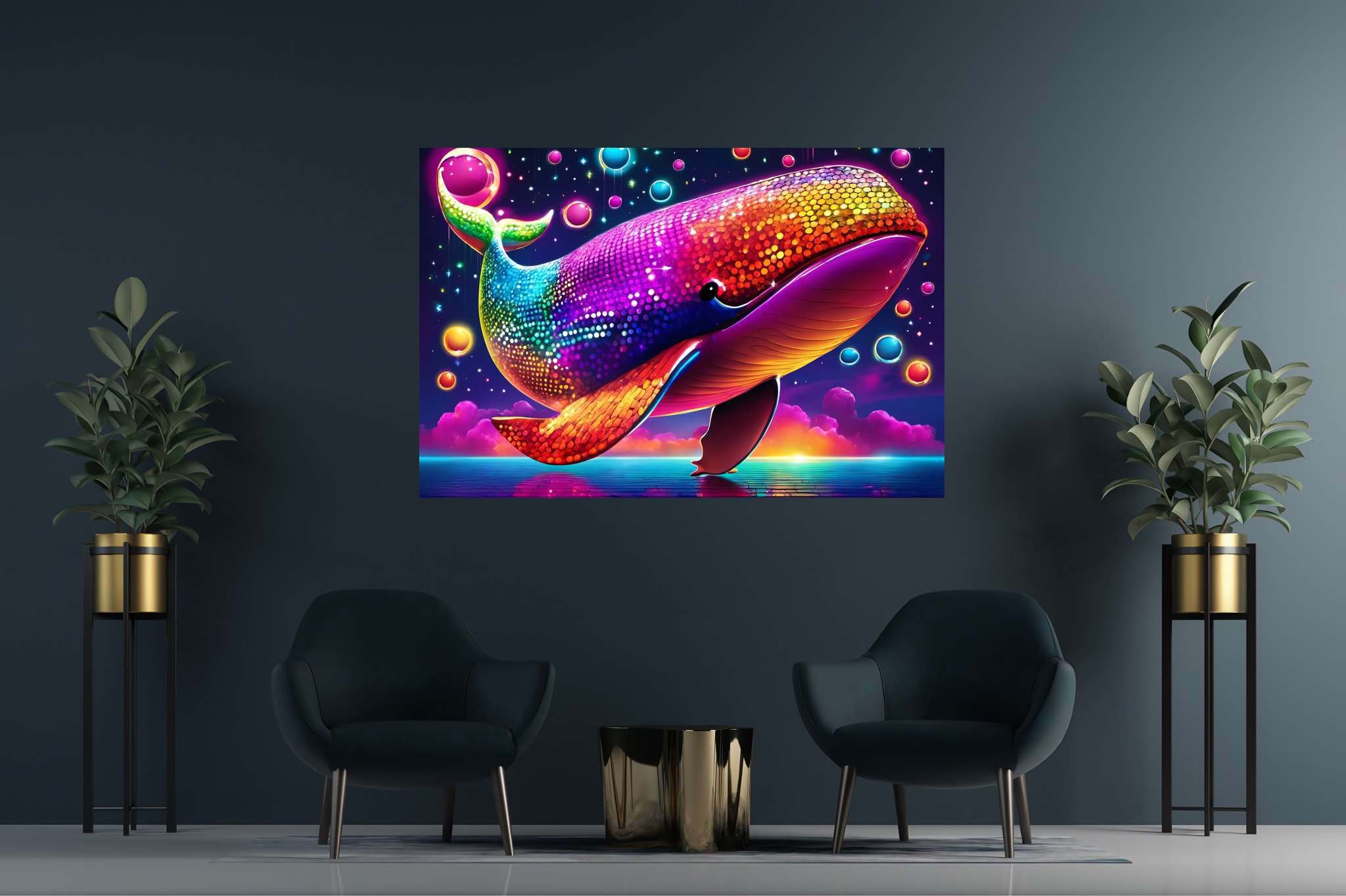 Rainbow leviathan's ballet: Vibrant whale art with vibrant sea-inspired artwork, in a room with minimalist approach, wall hangings, and home furnishings. The art can be printed on poster, framed poster, canvas, metal, acrylic or wood, exclusively at WallArtZen. Find this exact print at https://wallartzen.com/waz322