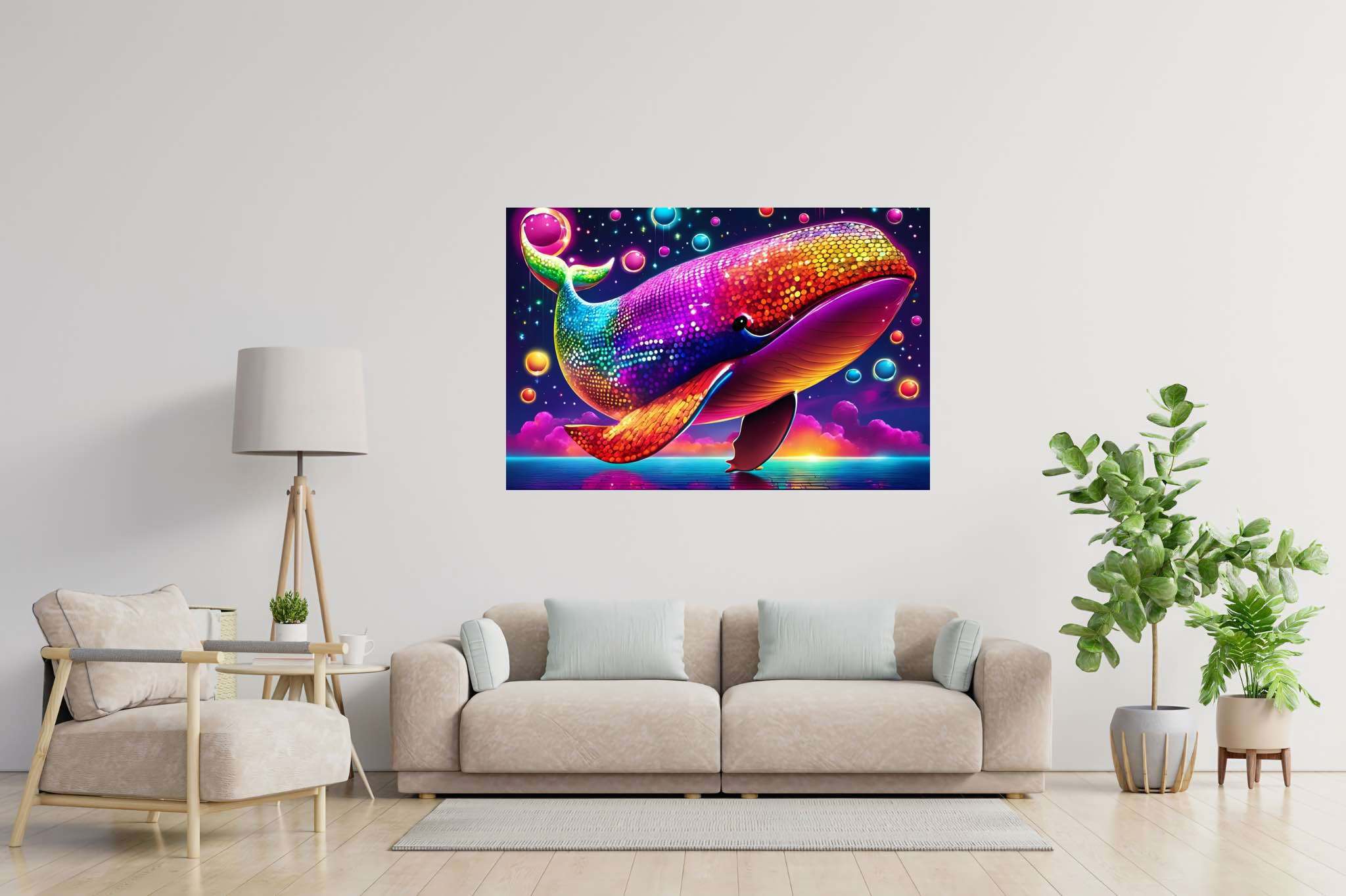 Rainbow leviathan's ballet: Vibrant whale art with colorful oceanic graphics, in a room with urban design, bespoke art designs, and decorative pieces. The art can be printed on poster, framed poster, canvas, metal, acrylic or wood, exclusively at WallArtZen. Find this exact print at https://wallartzen.com/waz322