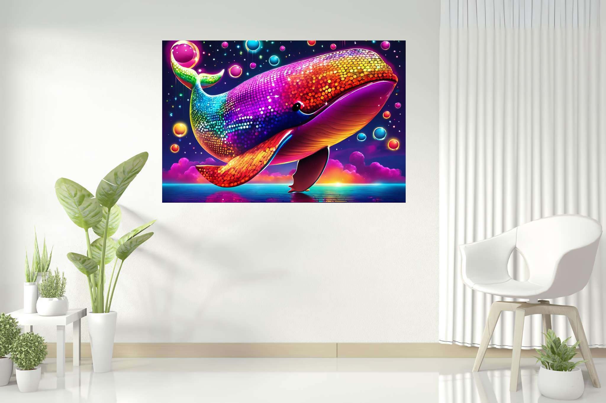 Rainbow leviathan's ballet: Vibrant whale art with colorful oceanic graphics, in a room with elegant layout, mural artworks, and interior decorations. The art can be printed on poster, framed poster, canvas, metal, acrylic or wood, exclusively at WallArtZen. Find this exact print at https://wallartzen.com/waz322