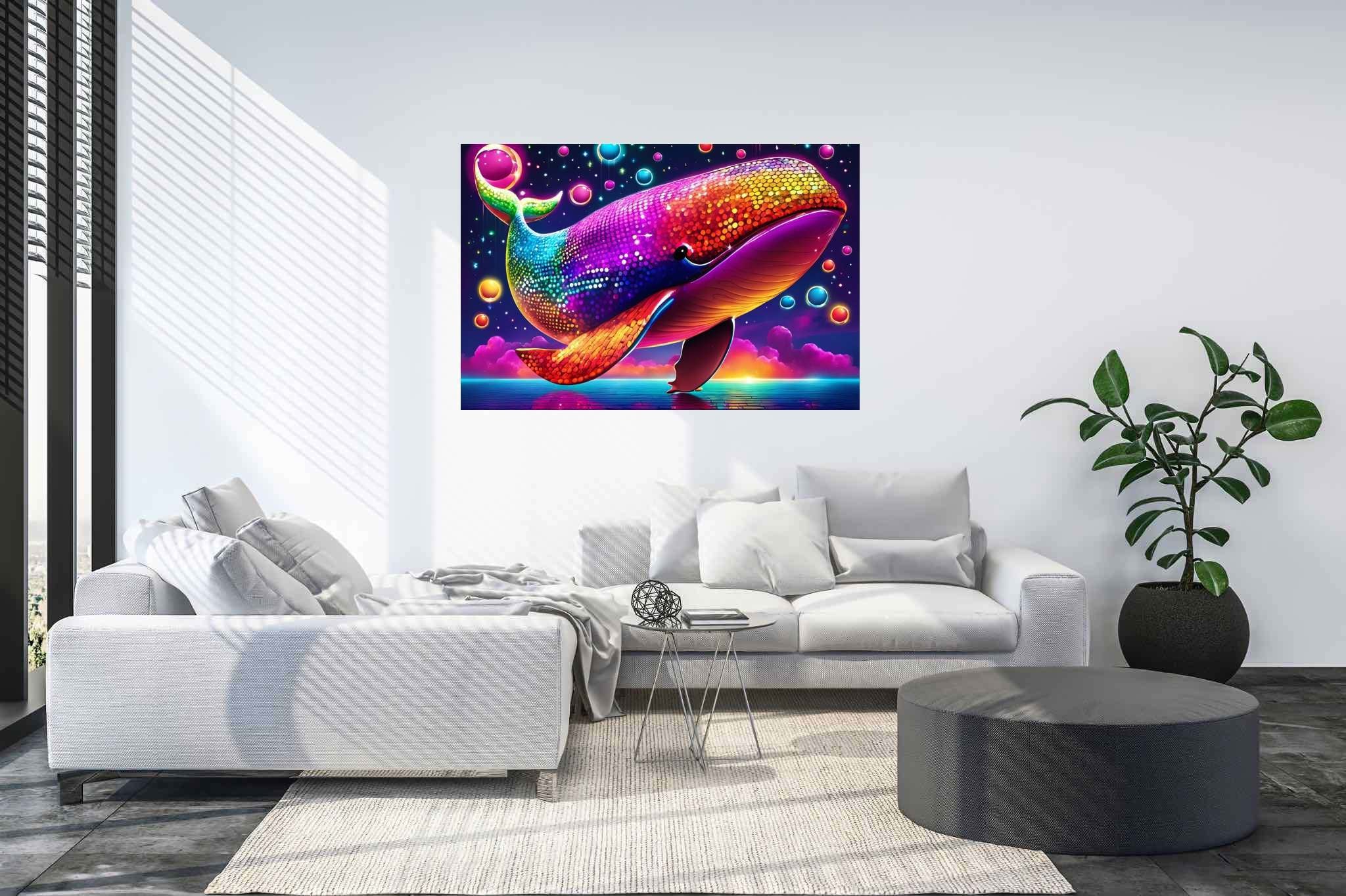 Rainbow leviathan's ballet: Vibrant whale art with vibrant aquatic illustrations, in a room with modern style, framed art, and trendy home accents. The art can be printed on poster, framed poster, canvas, metal, acrylic or wood, exclusively at WallArtZen. Find this exact print at https://wallartzen.com/waz322