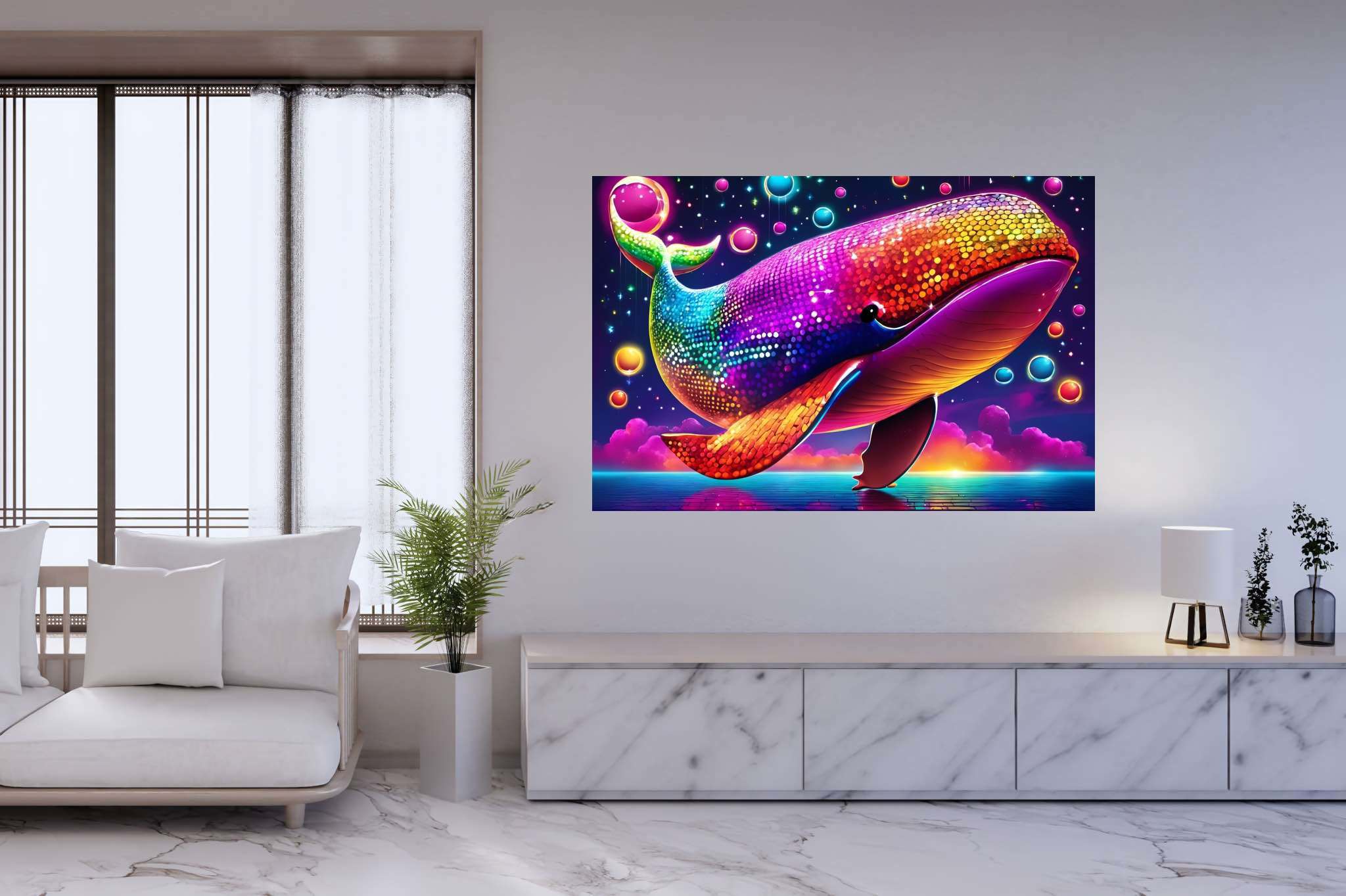 Rainbow leviathan's ballet: Vibrant whale art with vibrant whale paintings, in a room with chic decor, gallery-quality artwork, and stylish accessories. The art can be printed on poster, framed poster, canvas, metal, acrylic or wood, exclusively at WallArtZen. Find this exact print at https://wallartzen.com/waz322
