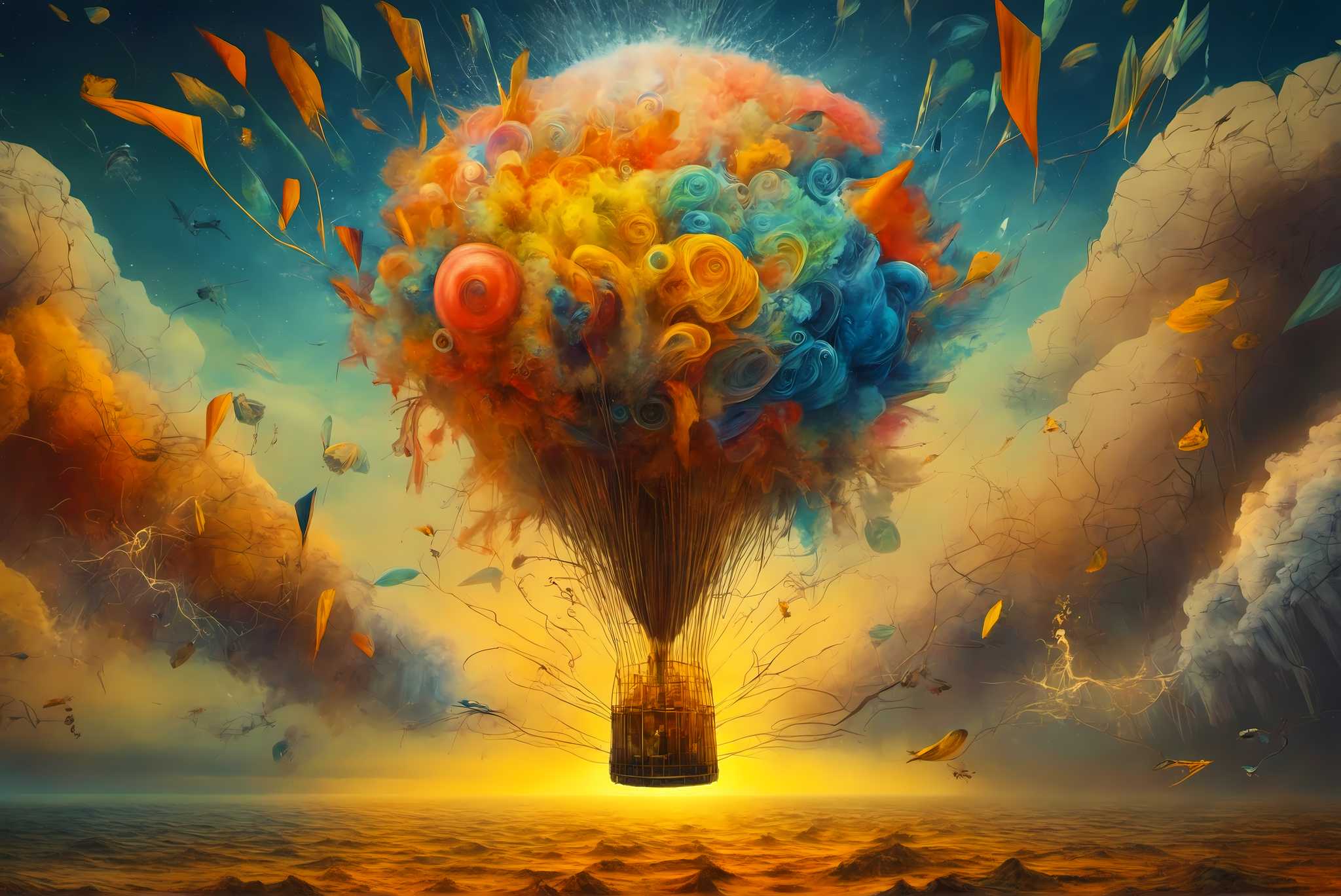 Balloon odyssey in cerulean dreams: Whimsy art with quirky art, in a room with artistic style, framed art, and decorative pieces. The art can be printed on poster, framed poster, canvas, metal, acrylic or wood, exclusively at WallArtZen. Find this exact print at https://wallartzen.com/waz324