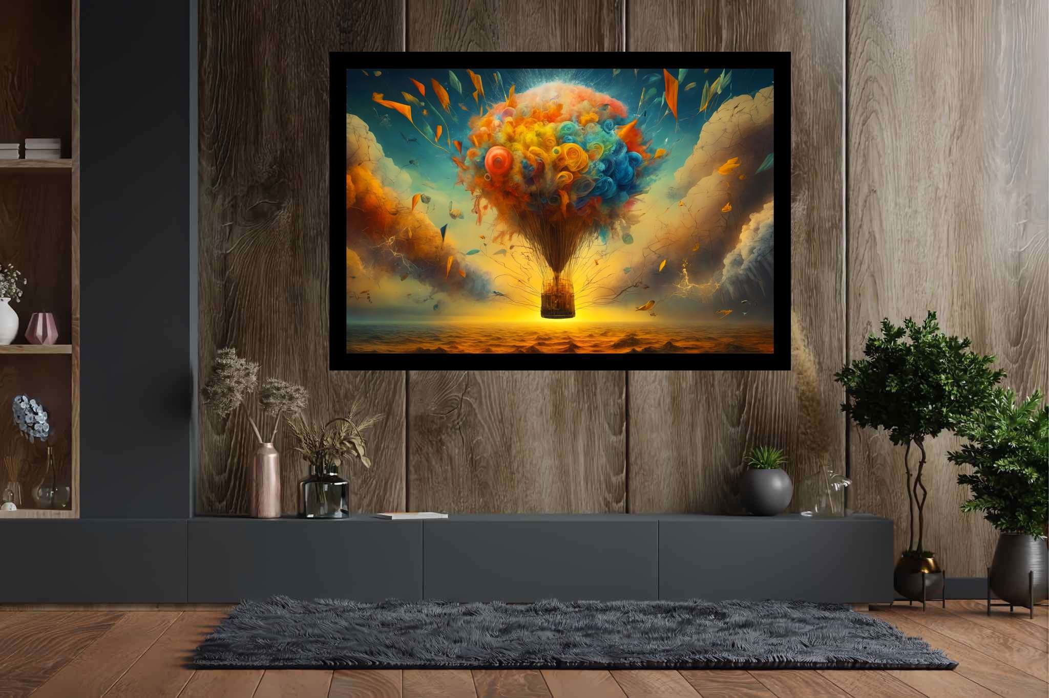 Balloon odyssey in cerulean dreams: Whimsy art with whimsical creations, in a room with great design, abstract paintings, and luxe decor. The art can be printed on poster, framed poster, canvas, metal, acrylic or wood, exclusively at WallArtZen. Find this exact print at https://wallartzen.com/waz324