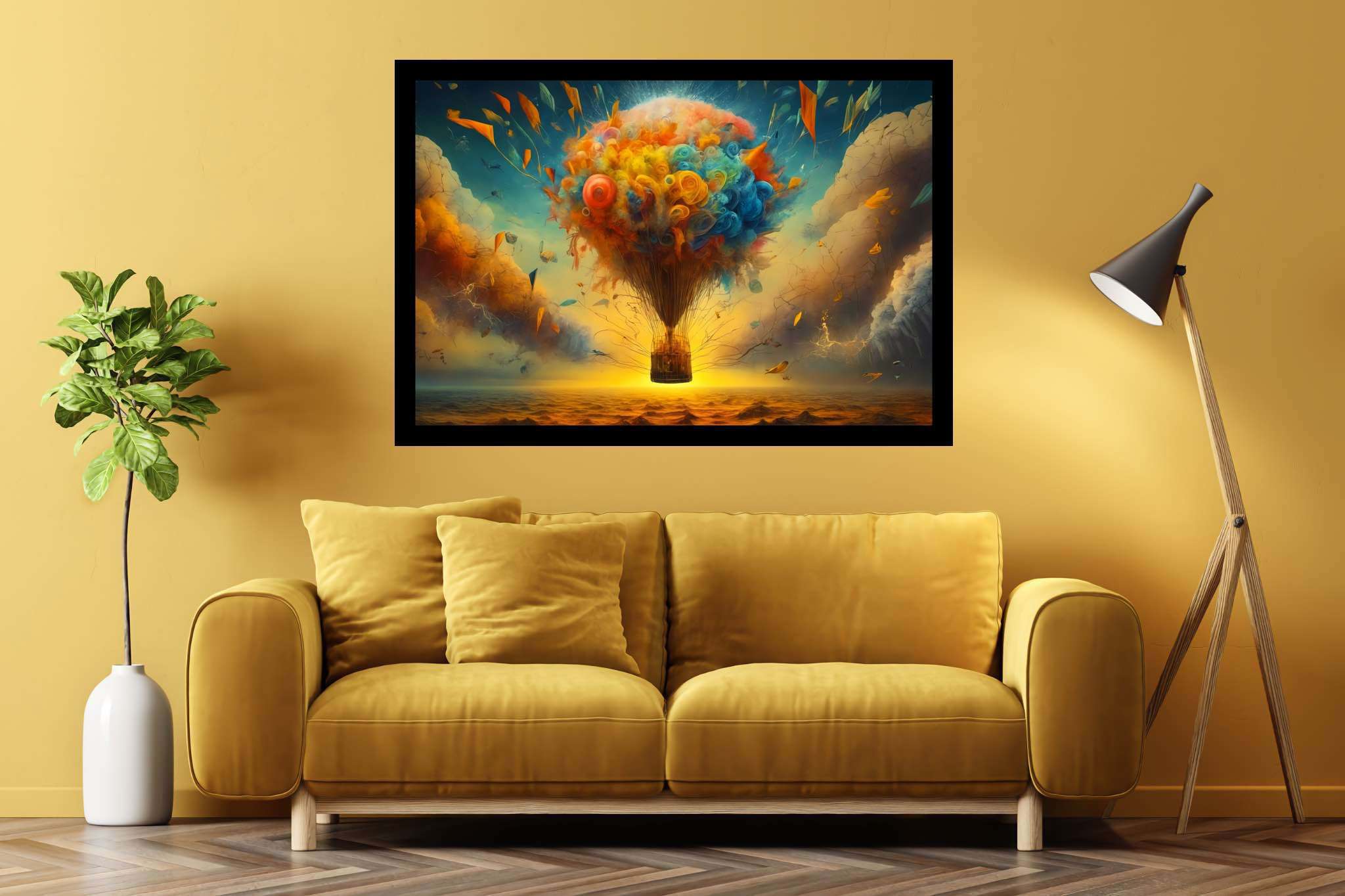 Balloon odyssey in cerulean dreams: Whimsy art with fantasy art, in a room with artistic style, abstract paintings, and interior decorations. The art can be printed on poster, framed poster, canvas, metal, acrylic or wood, exclusively at WallArtZen. Find this exact print at https://wallartzen.com/waz324