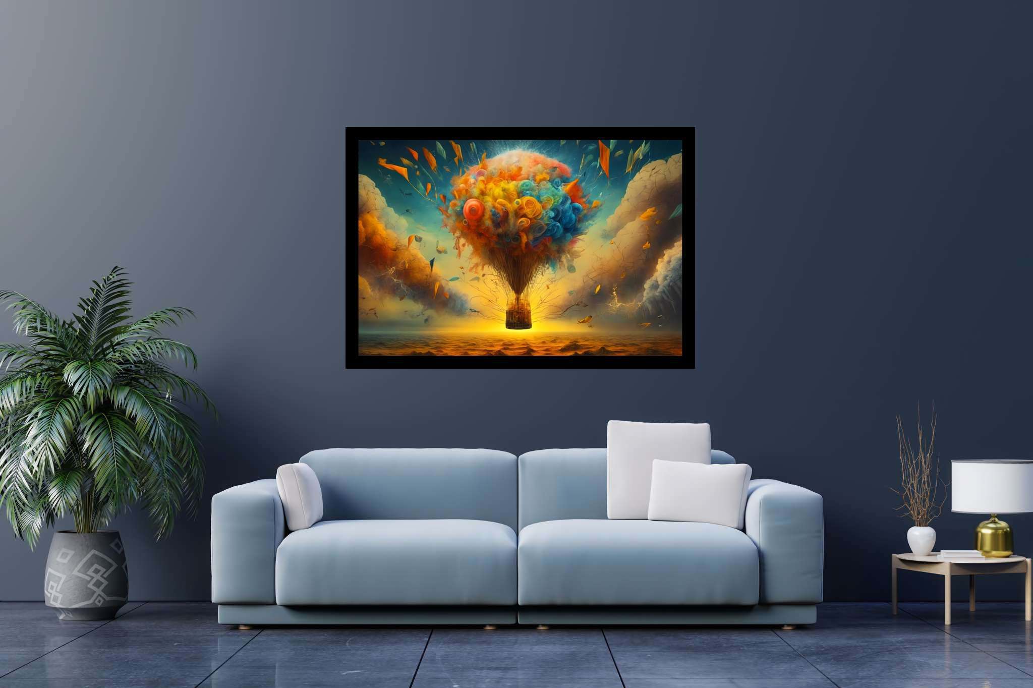 Balloon odyssey in cerulean dreams: Whimsy art with quirky art, in a room with minimalist approach, digital art pieces, and designer furniture. The art can be printed on poster, framed poster, canvas, metal, acrylic or wood, exclusively at WallArtZen. Find this exact print at https://wallartzen.com/waz324