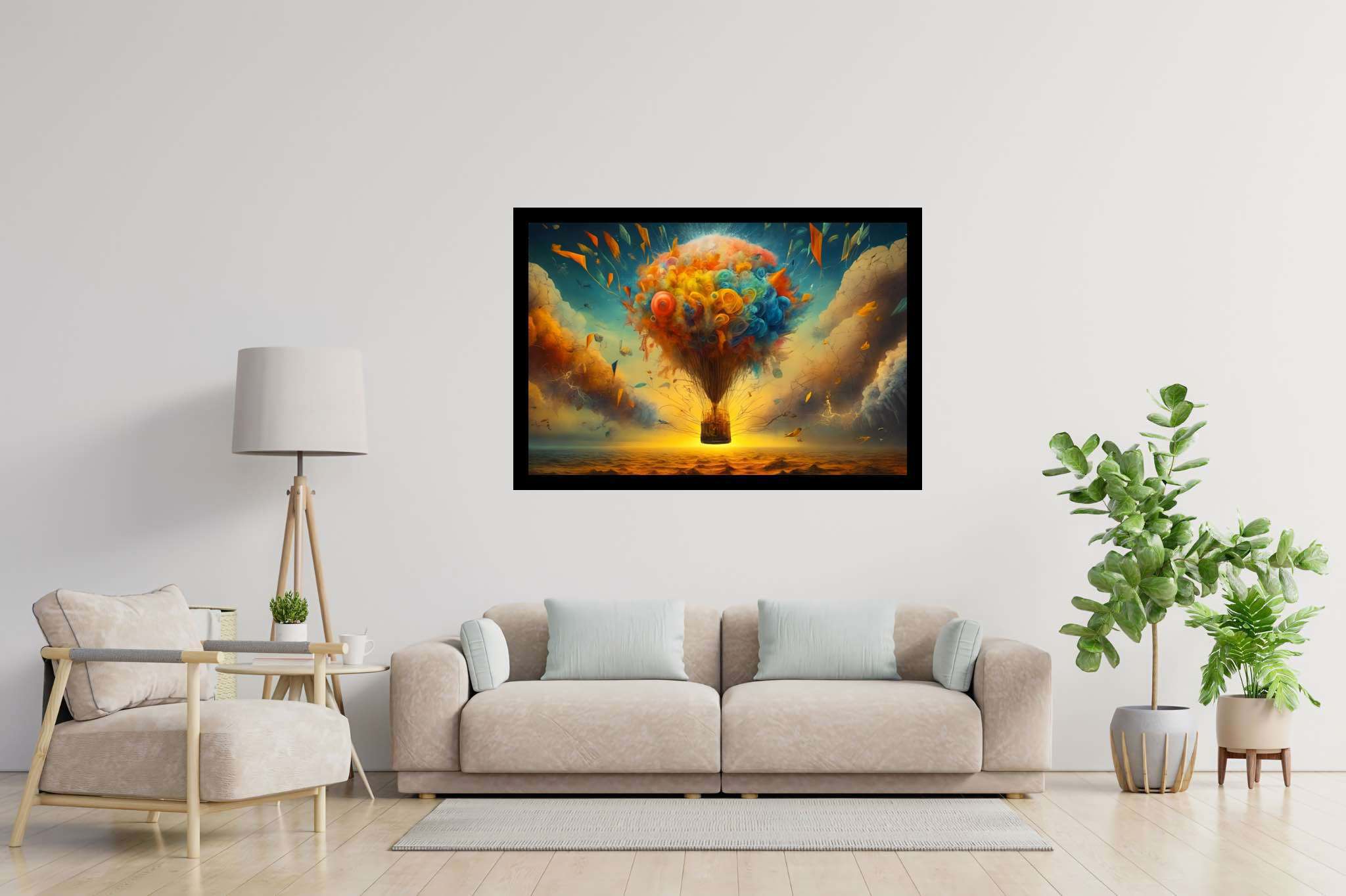 Balloon odyssey in cerulean dreams: Whimsy art with fantasy art, in a room with elegant layout, gallery-quality artwork, and artisan decor. The art can be printed on poster, framed poster, canvas, metal, acrylic or wood, exclusively at WallArtZen. Find this exact print at https://wallartzen.com/waz324