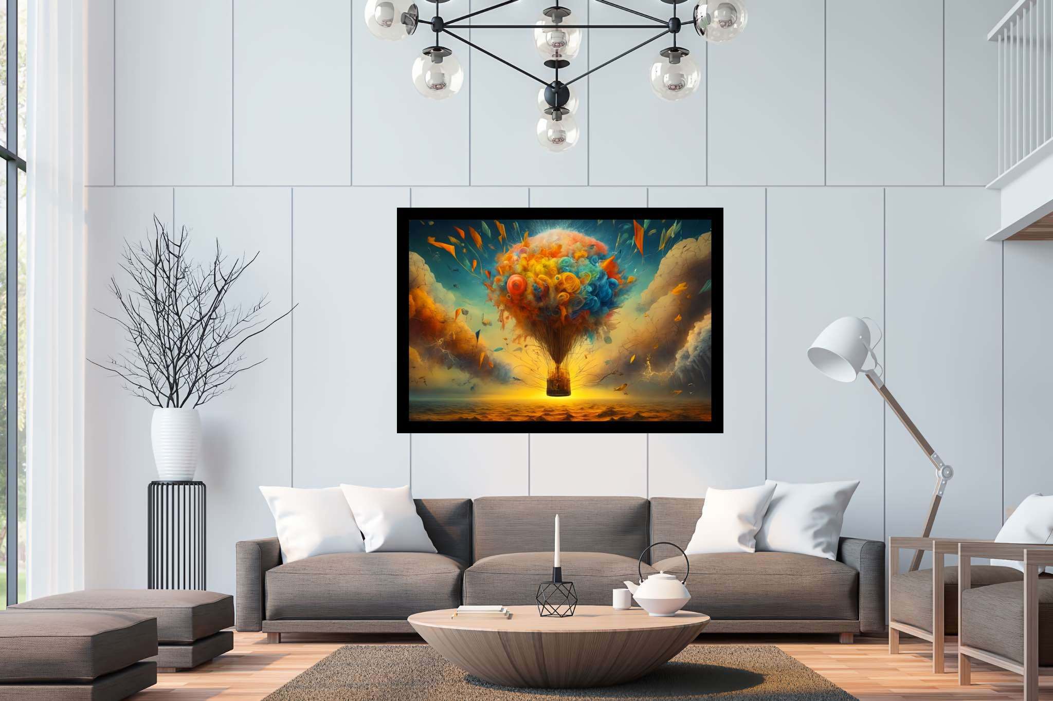Balloon odyssey in cerulean dreams: Whimsy art with playful art, in a room with contemporary flair, mural artworks, and decorative pieces. The art can be printed on poster, framed poster, canvas, metal, acrylic or wood, exclusively at WallArtZen. Find this exact print at https://wallartzen.com/waz324