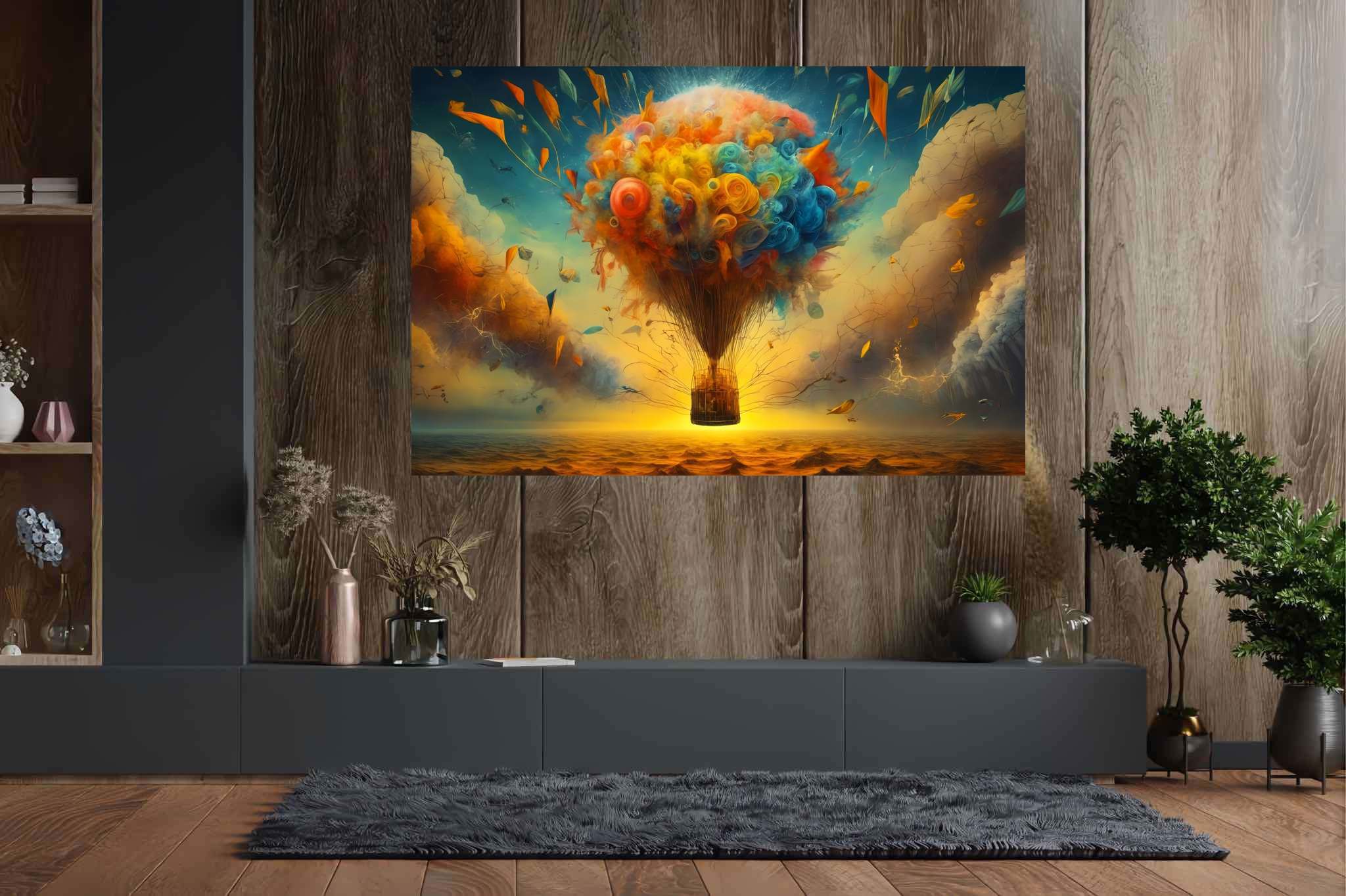 Balloon odyssey in cerulean dreams: Whimsy art with whimsy painting, in a room with chic decor, bespoke art designs, and designer furniture. The art can be printed on poster, framed poster, canvas, metal, acrylic or wood, exclusively at WallArtZen. Find this exact print at https://wallartzen.com/waz324