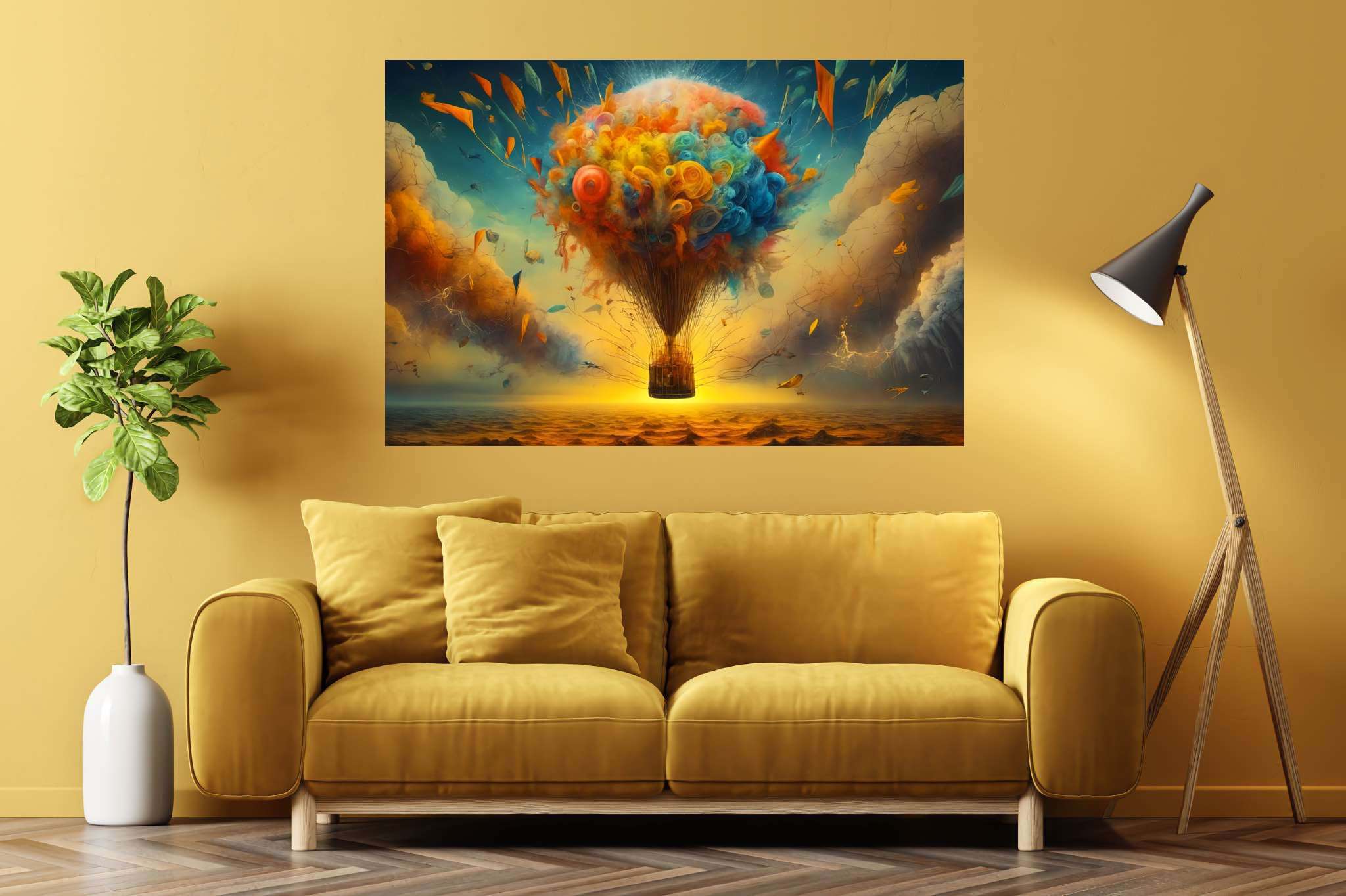 Balloon odyssey in cerulean dreams: Whimsy art with whimsical artwork, in a room with chic decor, framed art, and trendy home accents. The art can be printed on poster, framed poster, canvas, metal, acrylic or wood, exclusively at WallArtZen. Find this exact print at https://wallartzen.com/waz324