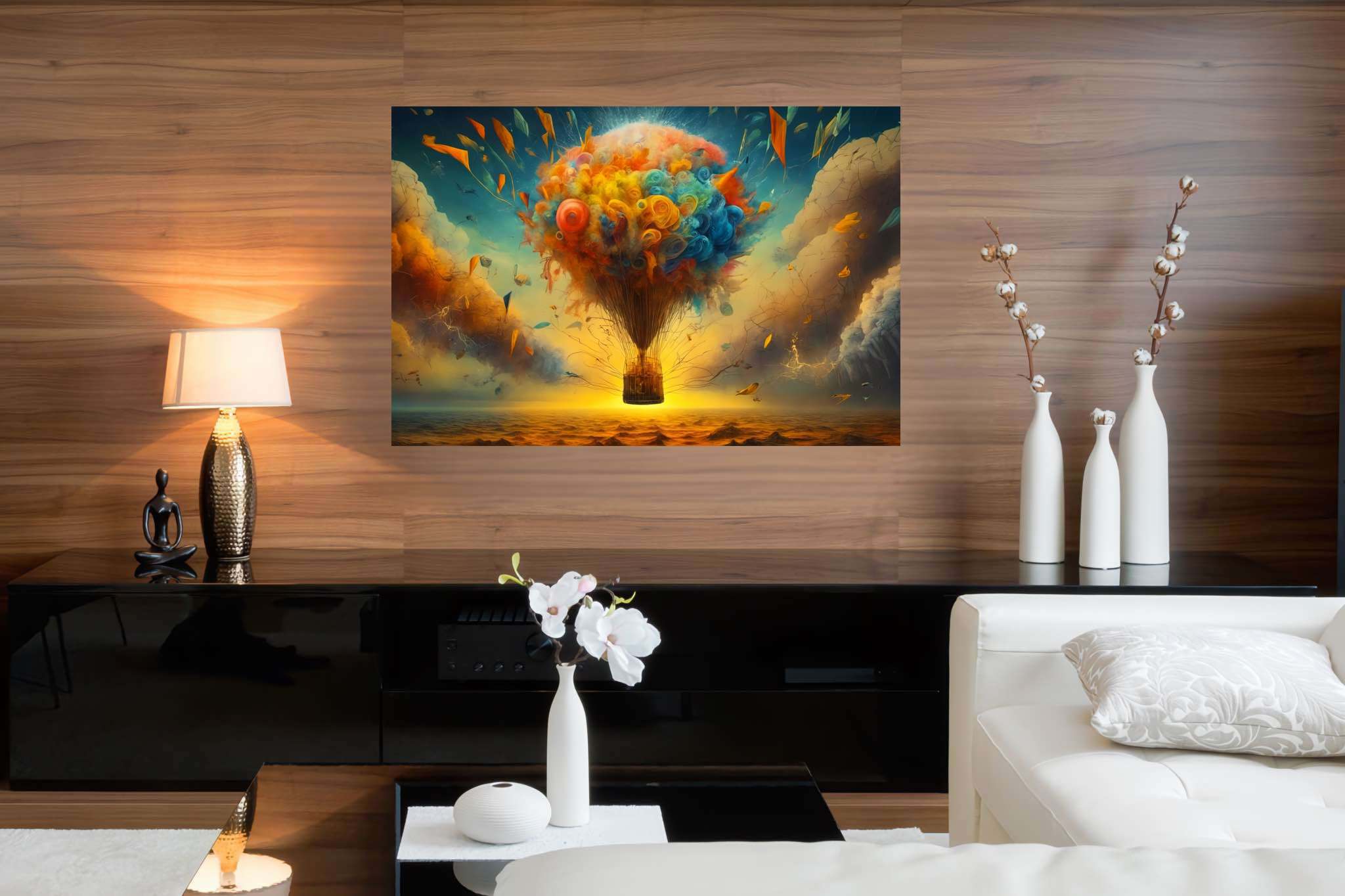 Balloon odyssey in cerulean dreams: Whimsy art with quirky art, in a room with artistic style, mural artworks, and artisan decor. The art can be printed on poster, framed poster, canvas, metal, acrylic or wood, exclusively at WallArtZen. Find this exact print at https://wallartzen.com/waz324