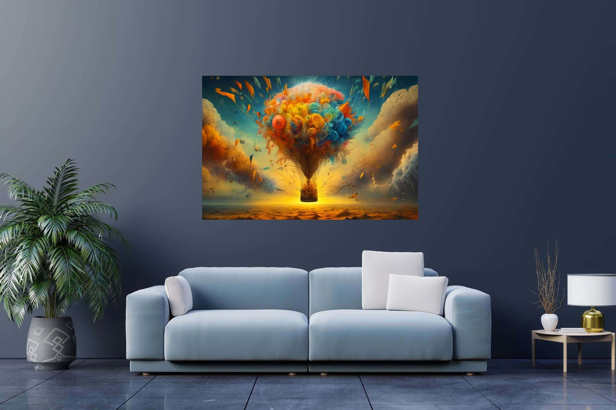 Balloon odyssey in cerulean dreams: Whimsy art with magical art, in a room with elegant layout, bespoke art designs, and elegant home goods. The art can be printed on poster, framed poster, canvas, metal, acrylic or wood, exclusively at WallArtZen. Find this exact print at https://wallartzen.com/waz324